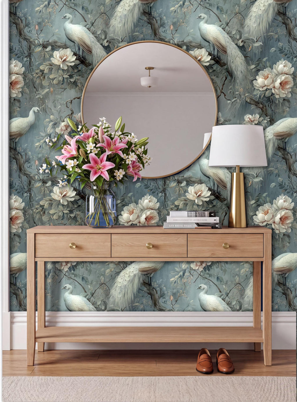 a wooden console table with a round mirror above it, a vase of pink flowers, a lamp, and a pair of brown shoes placed on the floor. The backdrop is a wall with a floral wallpaper pattern.