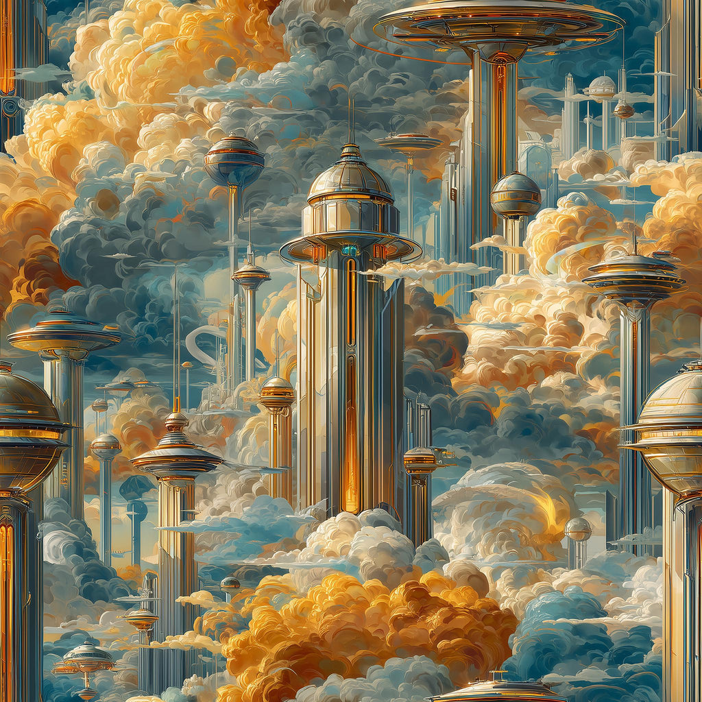 The image is a digital illustration featuring a futuristic cityscape with tall, metallic structures and buildings set against a backdrop of clouds and a sky.