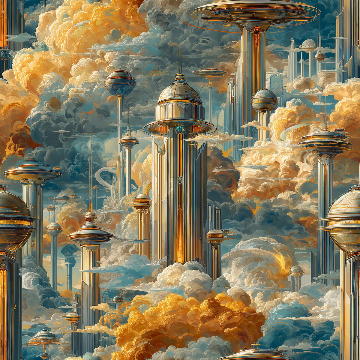The image is a digital illustration featuring a futuristic cityscape with tall, metallic structures and buildings set against a backdrop of clouds and a sky.
