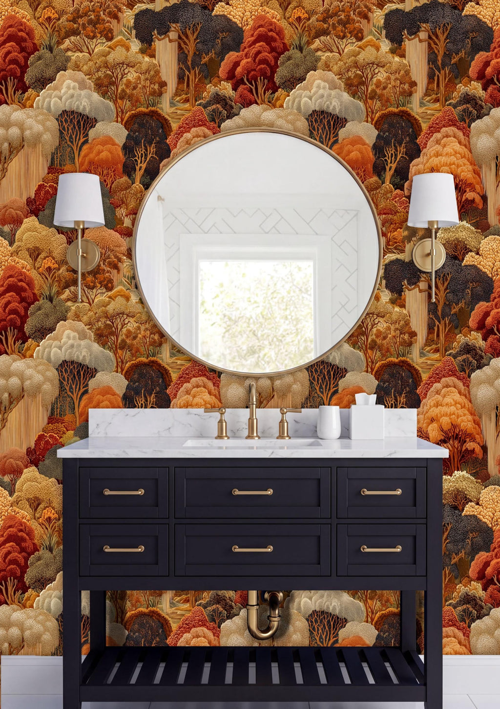 a bathroom with a black vanity and a round mirror above it. The wall behind the vanity is covered in a vibrant, colorful wallpaper depicting a forest scene. There are two white lamps on either side of the mirror, providing lighting for the space.