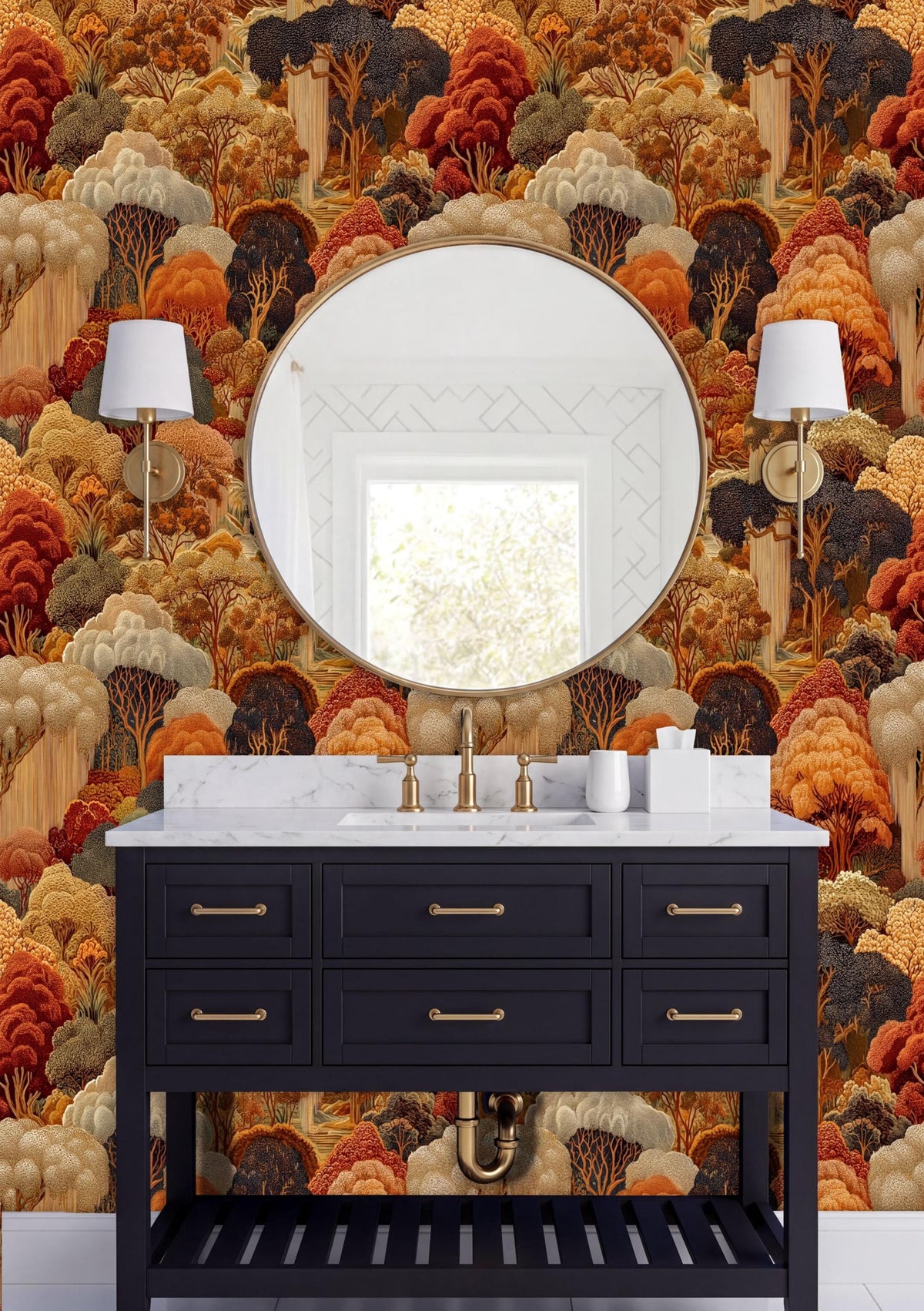 a bathroom with a black vanity and a round mirror above it. The wall behind the vanity is covered in a vibrant, colorful wallpaper depicting a forest scene. There are two white lamps on either side of the mirror, providing lighting for the space.