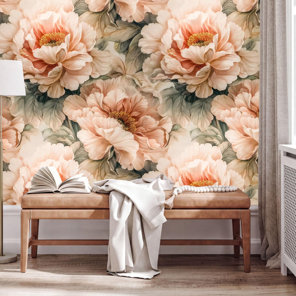 a large floral wallpaper with peach and green hues, creating a warm and inviting atmosphere. In the foreground, there is a wooden bench with an open book and a white blanket draped over it. The overall scene suggests a cozy and comfortable space, possibly a living room or a reading area.