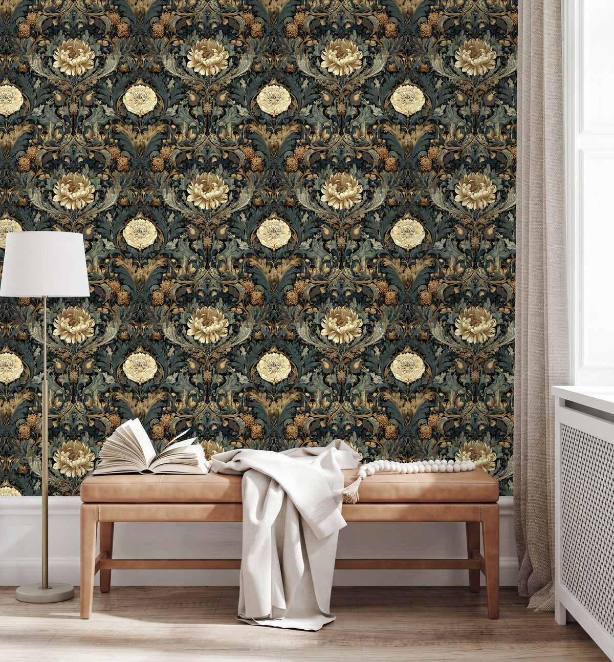 a room with a large, ornate floral wallpaper covering the wall behind a wooden bench. On the bench, there is an open book and a white blanket. A lamp is also present in the room, providing additional lighting.
