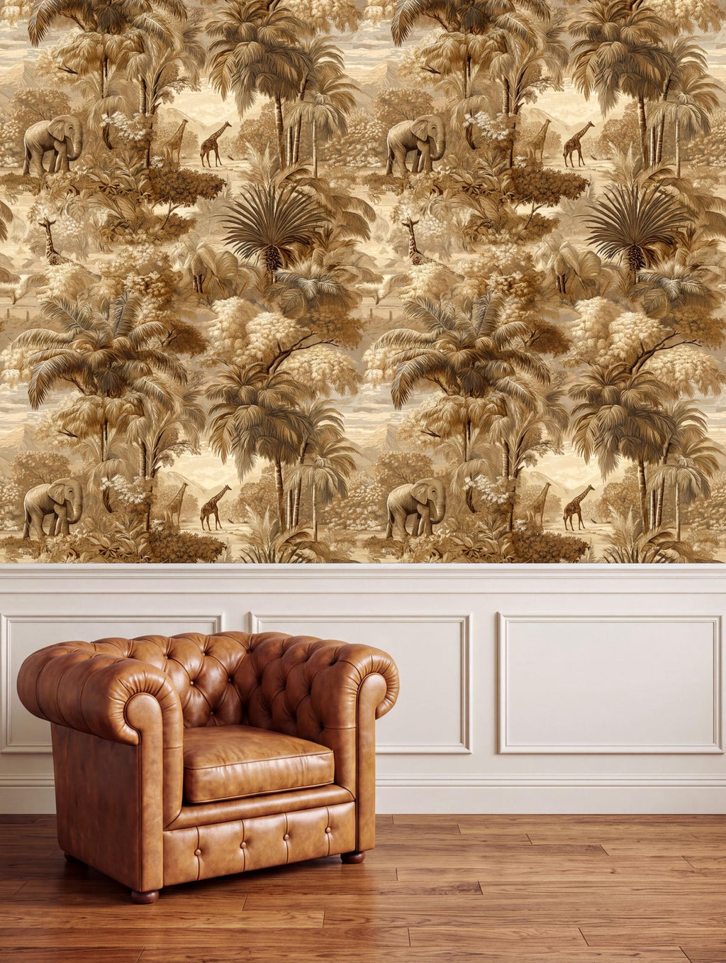 a brown leather armchair positioned in front of a wall with a tropical wallpaper pattern depicting various animals such as elephants, giraffes, and palm trees.