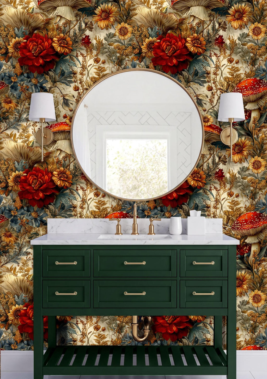 a bathroom vanity with a green cabinet and a round mirror above it, set against a wall with a floral wallpaper.