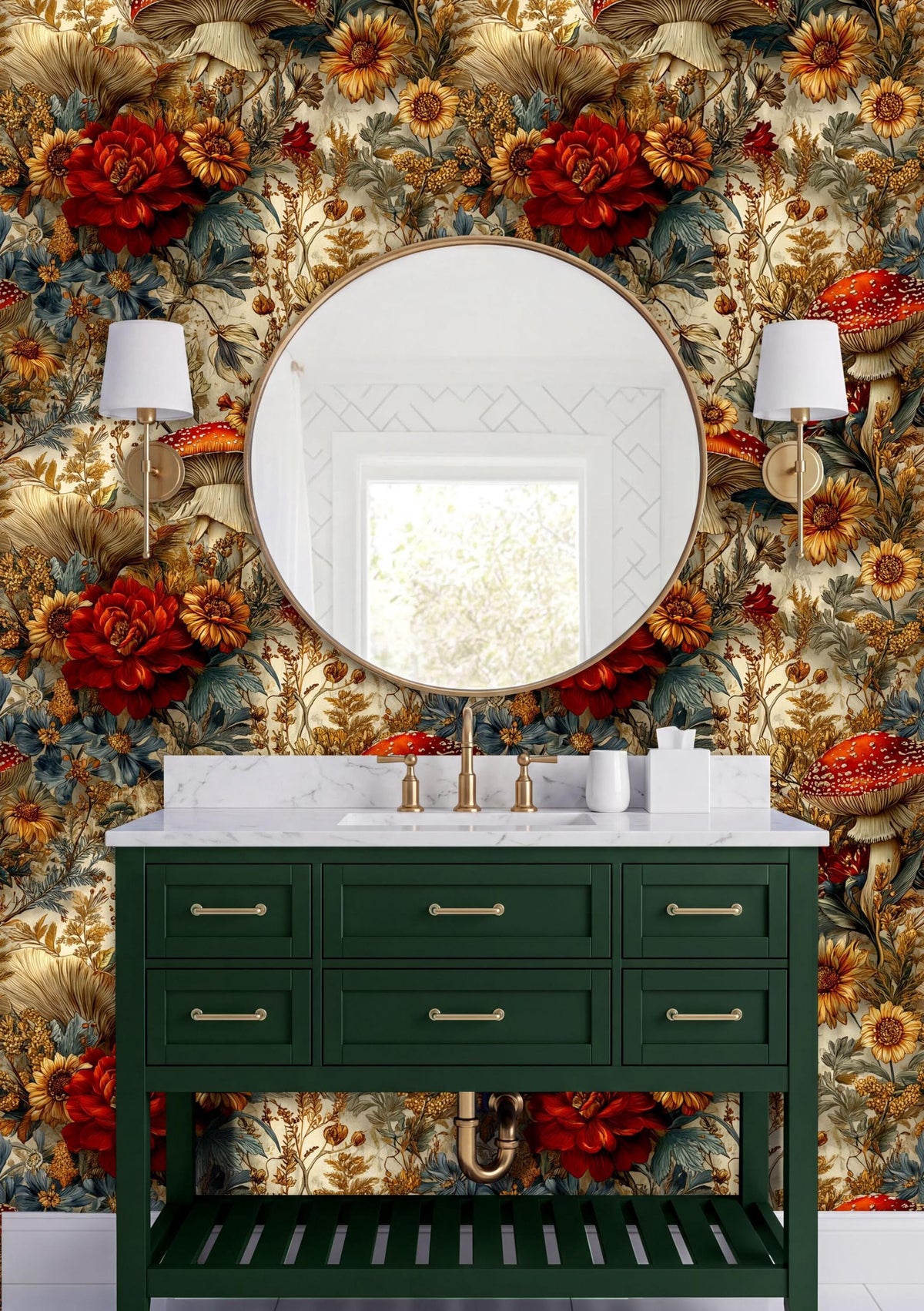 a bathroom vanity with a green cabinet and a round mirror above it, set against a wall with a floral wallpaper.