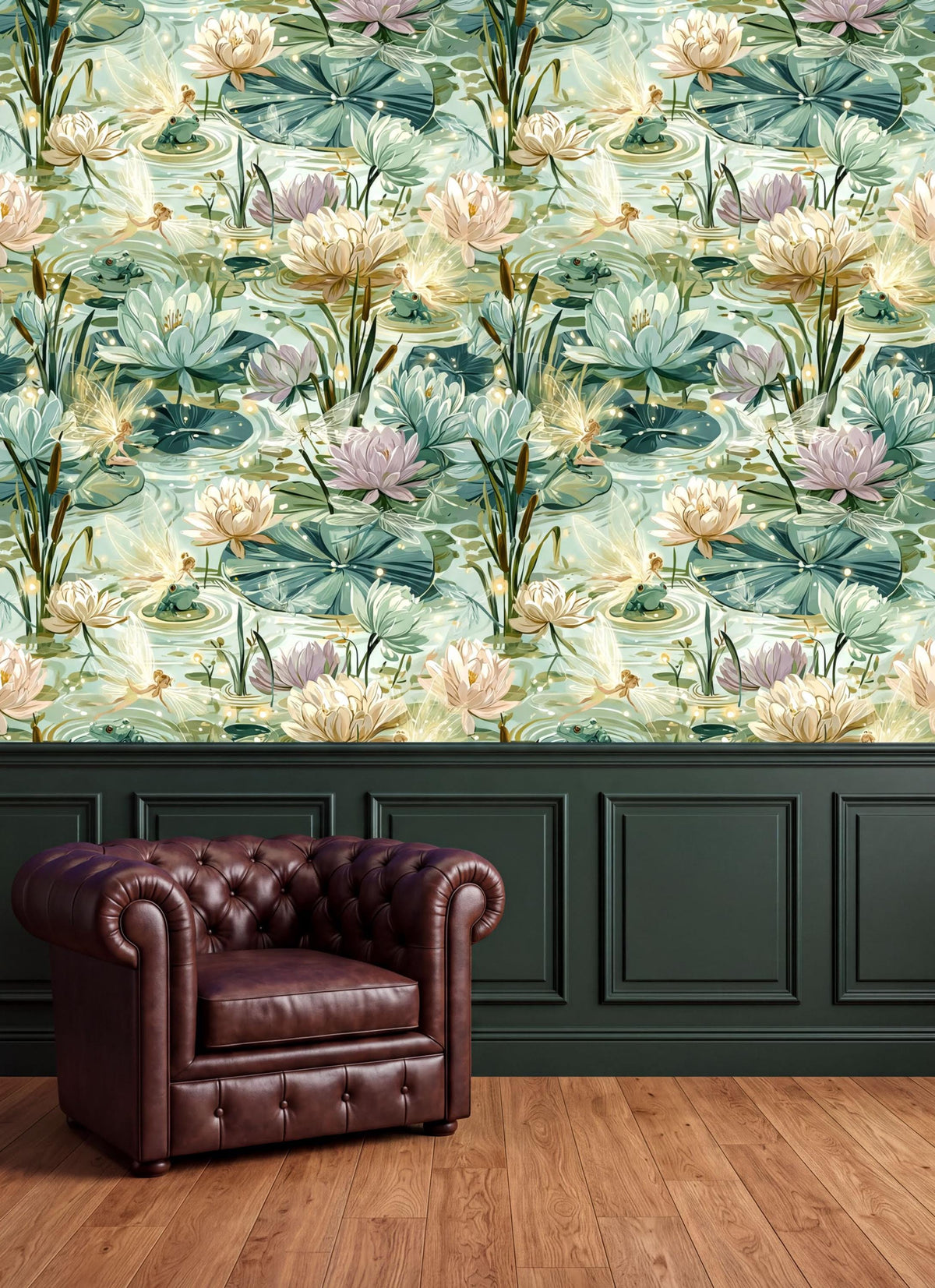 a brown leather armchair positioned in front of a wall with a vibrant, colorful wallpaper depicting a pond scene with lily pads and water lilies.