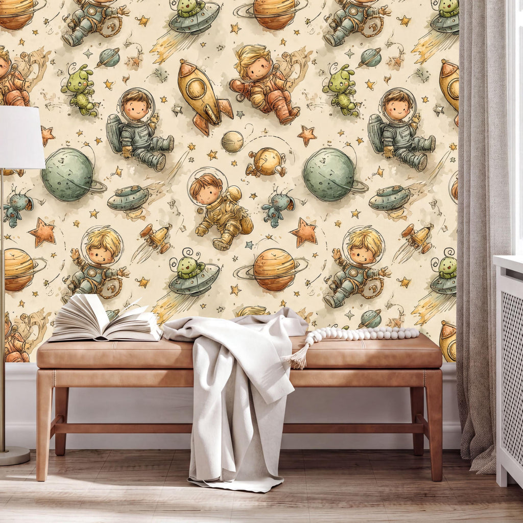 a wallpapered wall with a playful, space-themed design. It includes various cartoon-like characters, such as a boy in a spacesuit, a girl in a spacesuit, and other space-related elements like planets, stars, and rockets. There is also a bench in the foreground with an open book on it, suggesting a cozy, relaxing atmosphere.