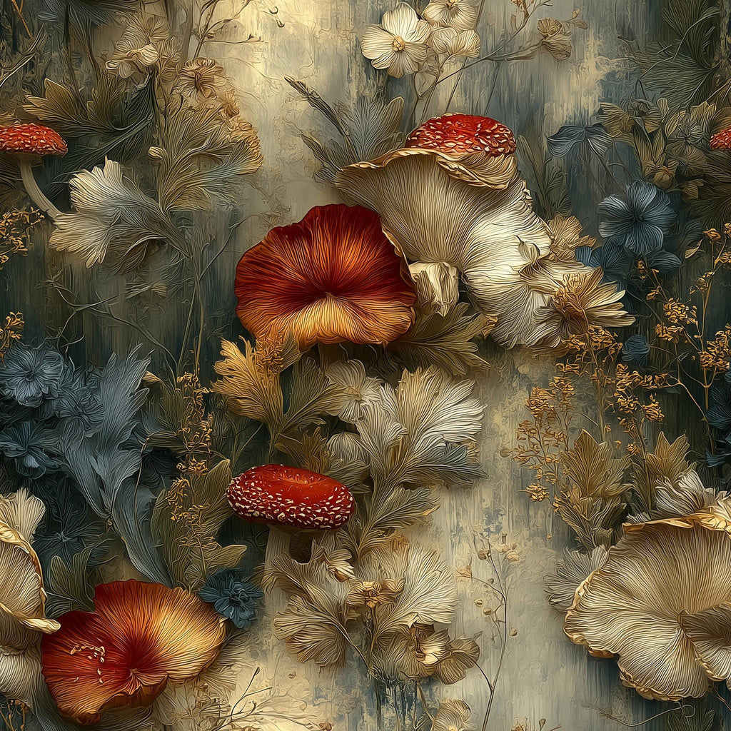 The image is a vibrant and detailed collage of various flowers and foliage, including red and white mushrooms, against a textured background.