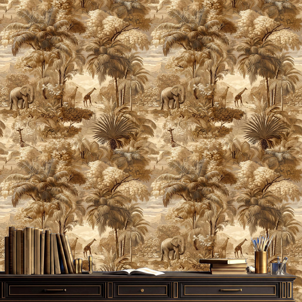 a wallpapered wall with a tropical theme, including palm trees, giraffes, and elephants. On a wooden shelf below the wall, there are several books and a vase with pens and pencils.
