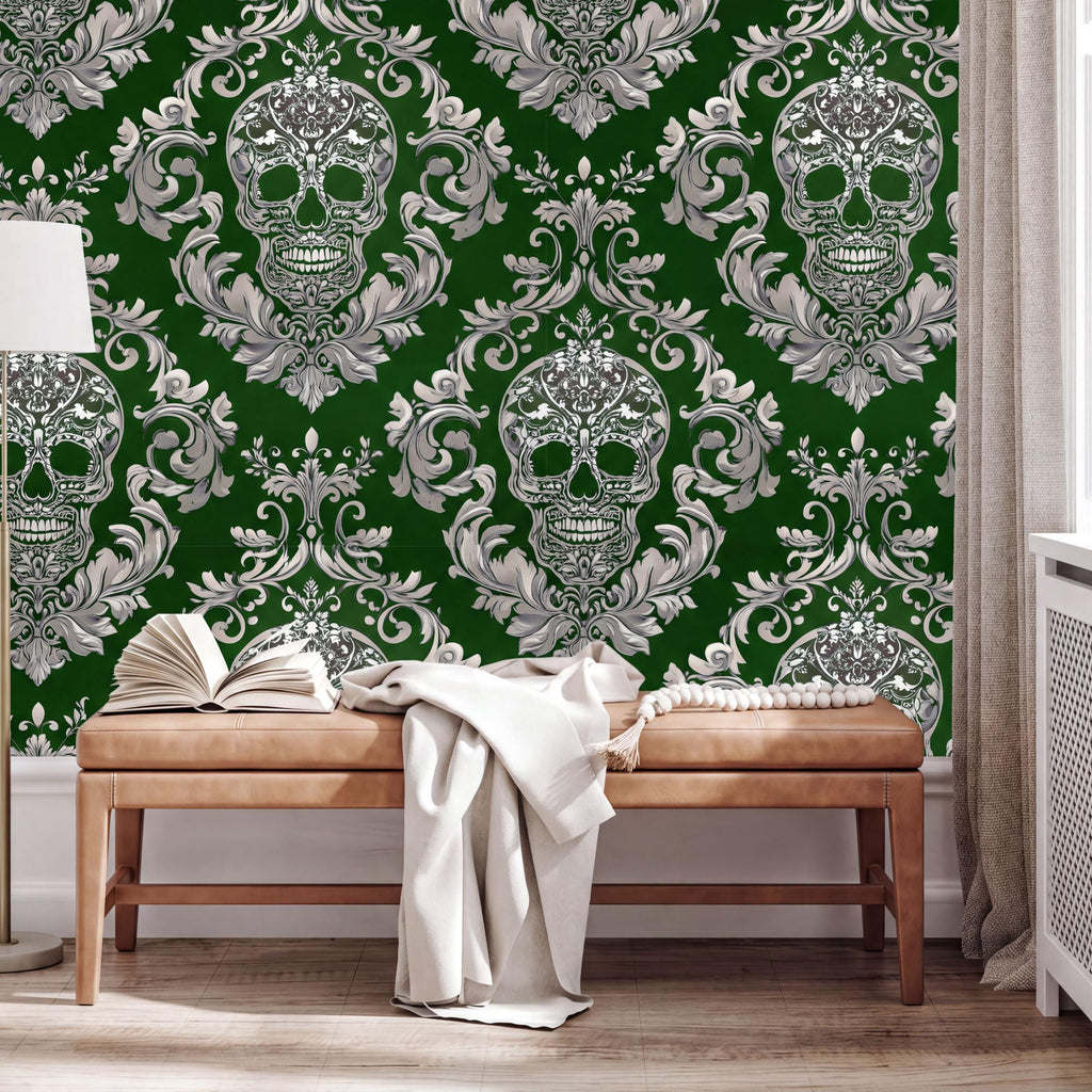 a green wall with a repeating pattern of white skull designs, creating a striking and bold visual effect. In front of the wall, there is a wooden bench with an open book and a white blanket draped over it.