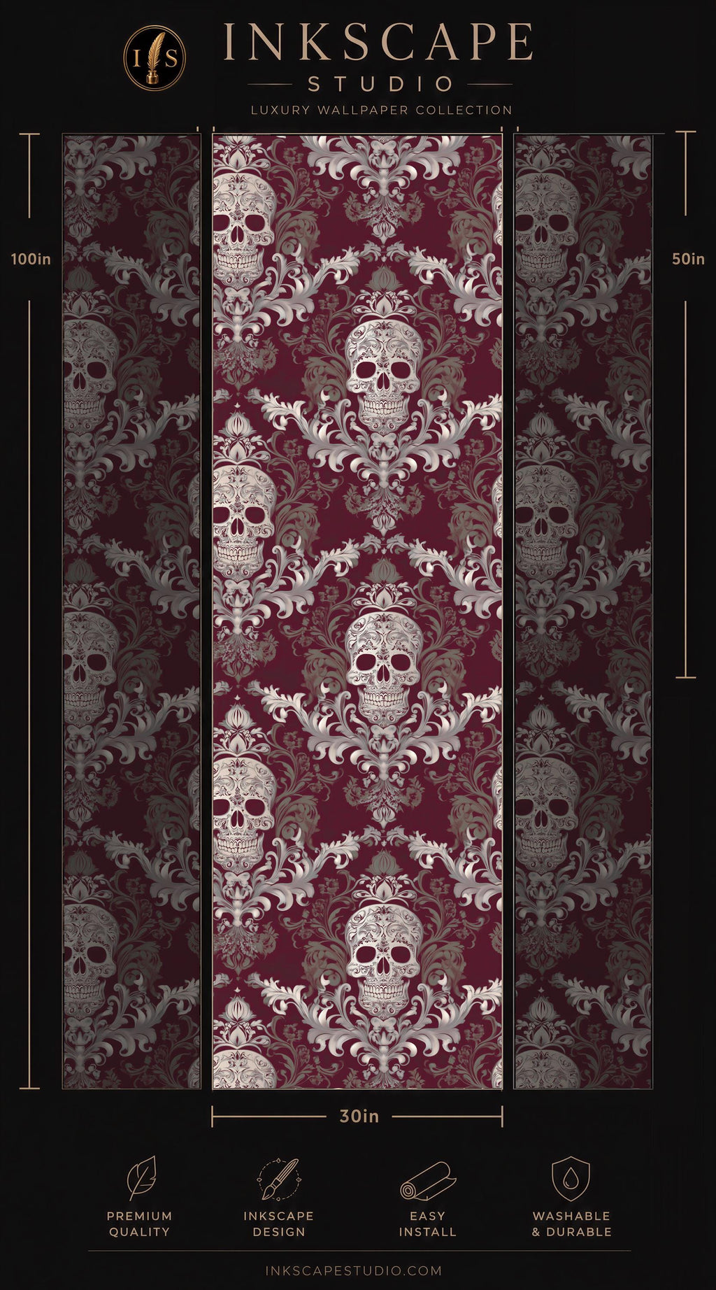 The image is a collage of three panels, each featuring a repeating pattern of white skull designs on a burgundy background. The panels are arranged in a vertical format, with the top panel being the largest and the bottom panel being the smallest. The image does not contain any text, and the focus is on the visual elements of the pattern.