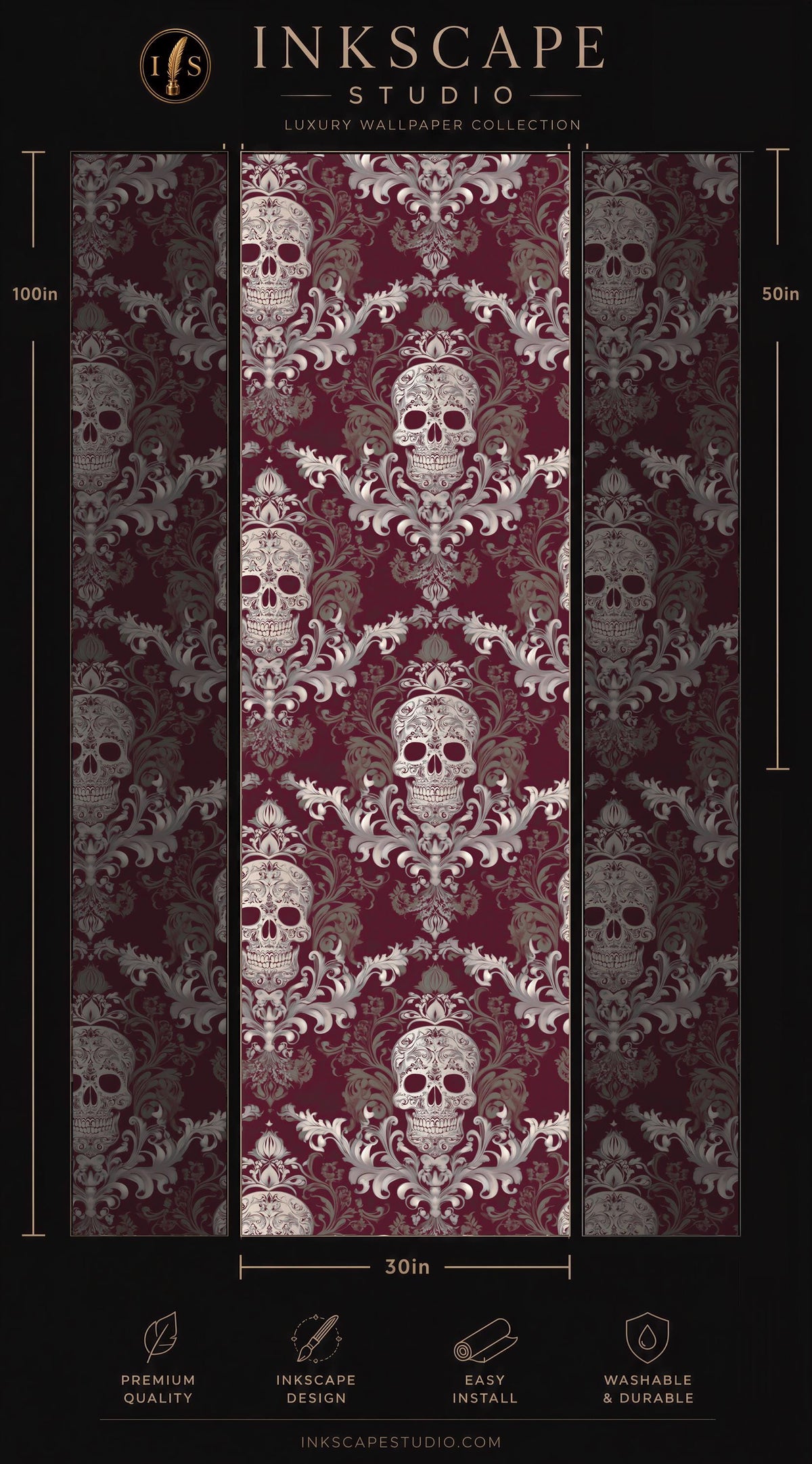 The image is a collage of three panels, each featuring a repeating pattern of white skull designs on a burgundy background. The panels are arranged in a vertical format, with the top panel being the largest and the bottom panel being the smallest. The image does not contain any text, and the focus is on the visual elements of the pattern.