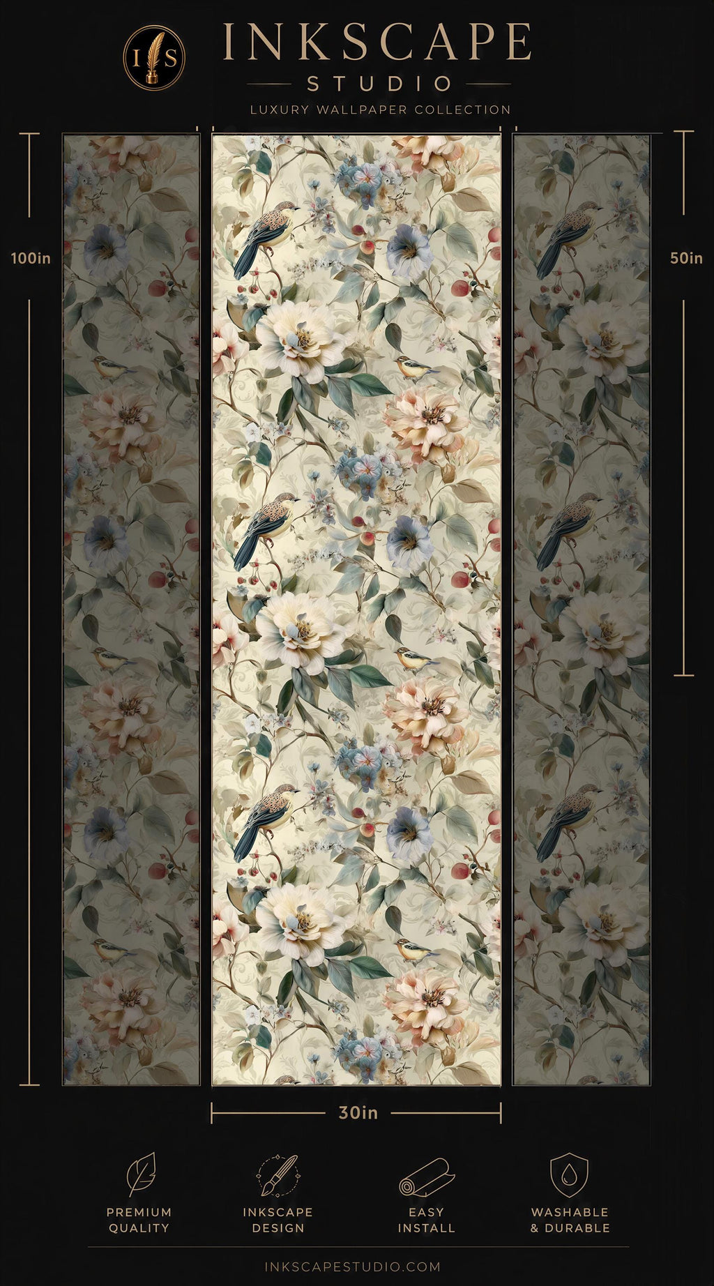 The image is a collage of three panels, each featuring a floral wallpaper design. The panels are arranged in a vertical format, with the top panel being the largest and the bottom panel being the smallest. The middle panel is the largest, while the bottom panel is the smallest. The image contains text and dimensions, providing information about the wallpaper design and its size.