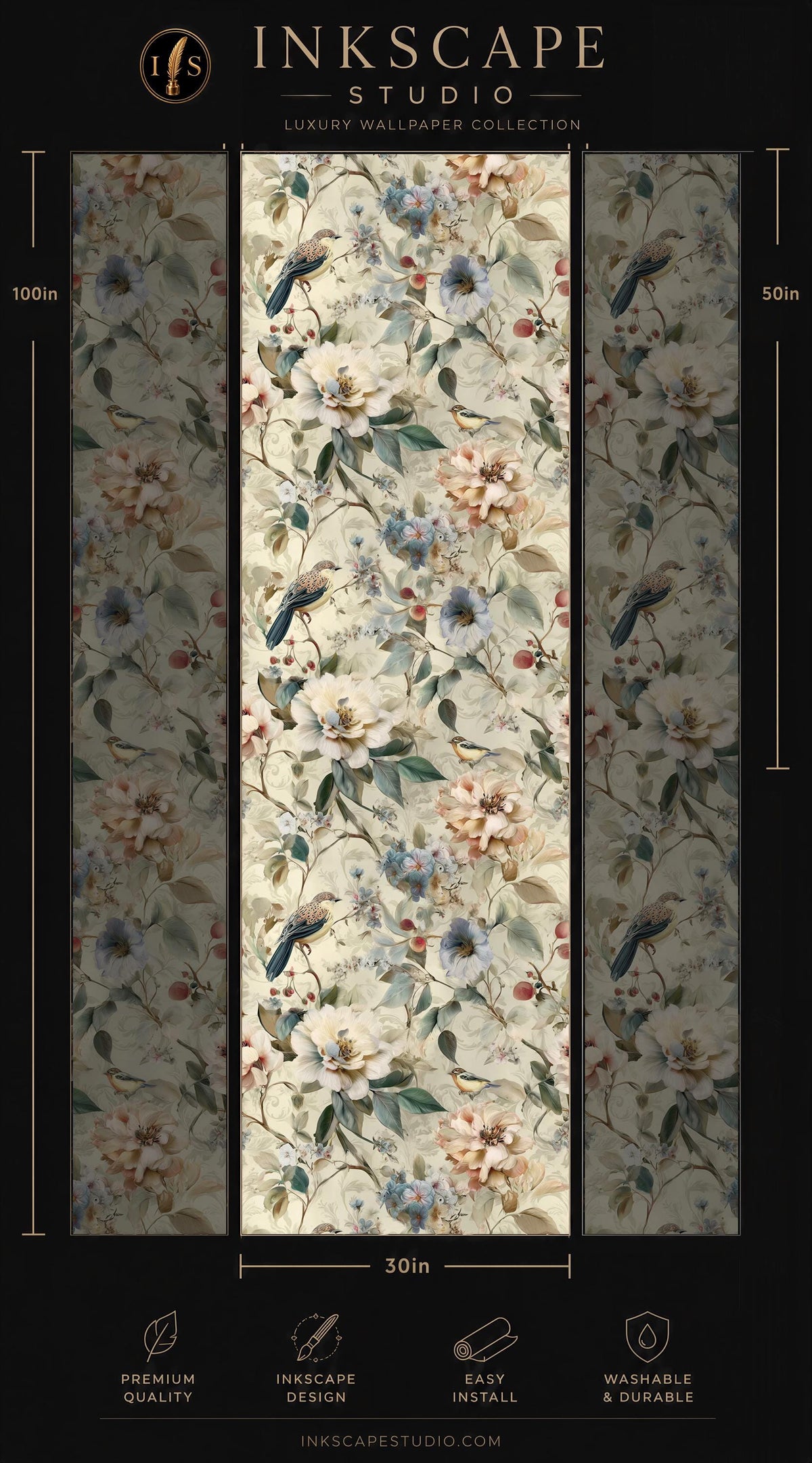 The image is a collage of three panels, each featuring a floral wallpaper design. The panels are arranged in a vertical format, with the top panel being the largest and the bottom panel being the smallest. The middle panel is the largest, while the bottom panel is the smallest. The image contains text and dimensions, providing information about the wallpaper design and its size.
