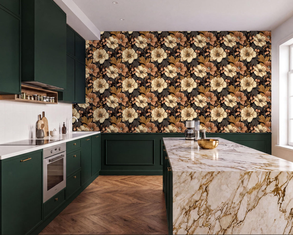 a modern kitchen with a large floral wallpaper on the wall behind the marble countertop. The kitchen features dark green cabinets and a marble countertop with a gold bowl on it.