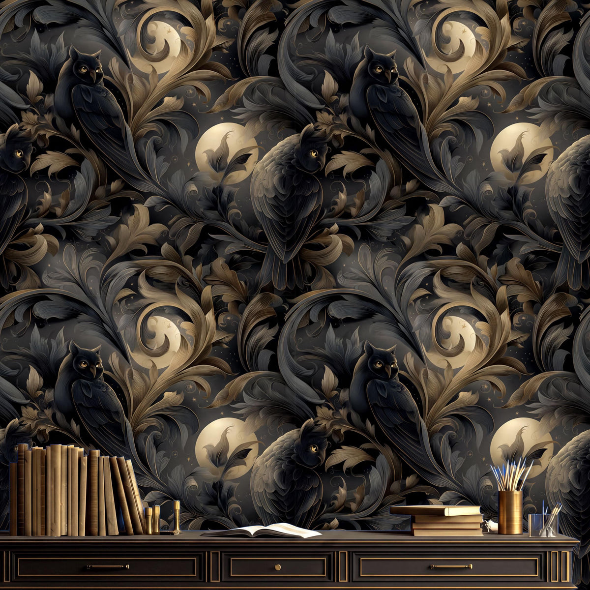 a dark, ornate wallpaper with a repeating pattern of owls and leaves in shades of black and gold. The wallpaper is displayed on a wall, and there is a wooden desk with a stack of books and a vase of flowers in the foreground.
