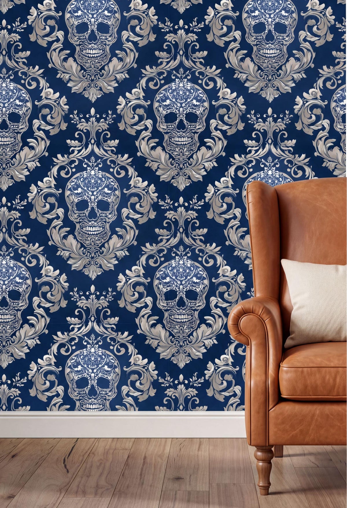 a blue and white skull wallpaper with a brown leather armchair in the foreground.