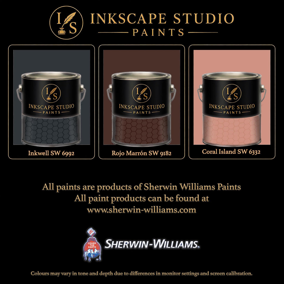 The image is an advertisement for Sherwin Williams paints, featuring three different paint color samples from the Inkscape Studio.