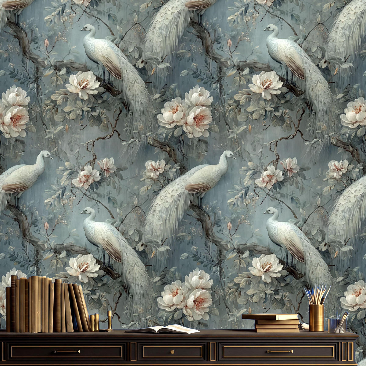 a wallpapered wall with a repeating pattern of white peacocks perched on branches with pink flowers. On a wooden desk in the foreground, there are several books and a vase with flowers.