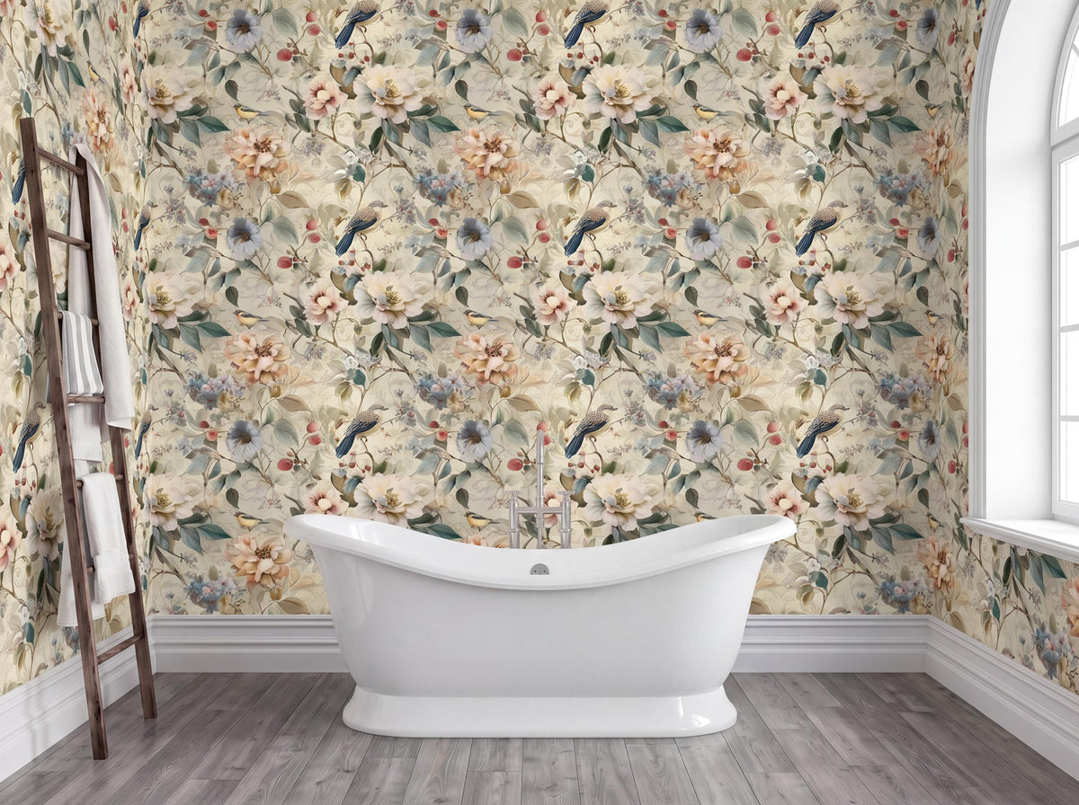 a bathroom with a white freestanding bathtub in the center, surrounded by a floral wallpaper pattern. A wooden ladder is leaning against the wall next to the bathtub.