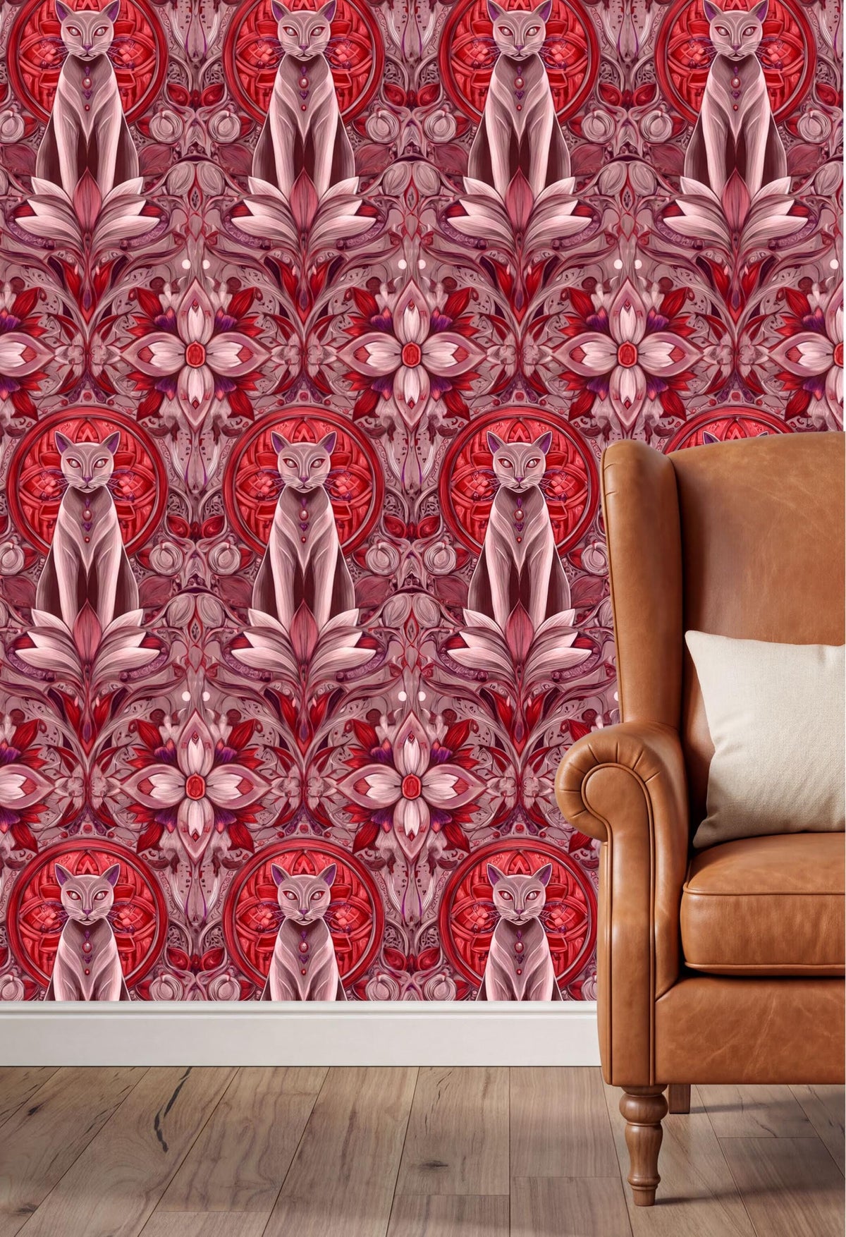 a wallpapered wall with a repeating pattern of cats and flowers in shades of red and pink. The wall is adorned with a circular design that includes the cats and flowers. In the foreground, there is a brown leather armchair, providing a contrast to the vibrant wallpapered wall.