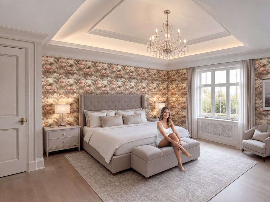 A woman sits on a bench in a luxurious bedroom with a large bed, a chandelier, and floral wallpaper.