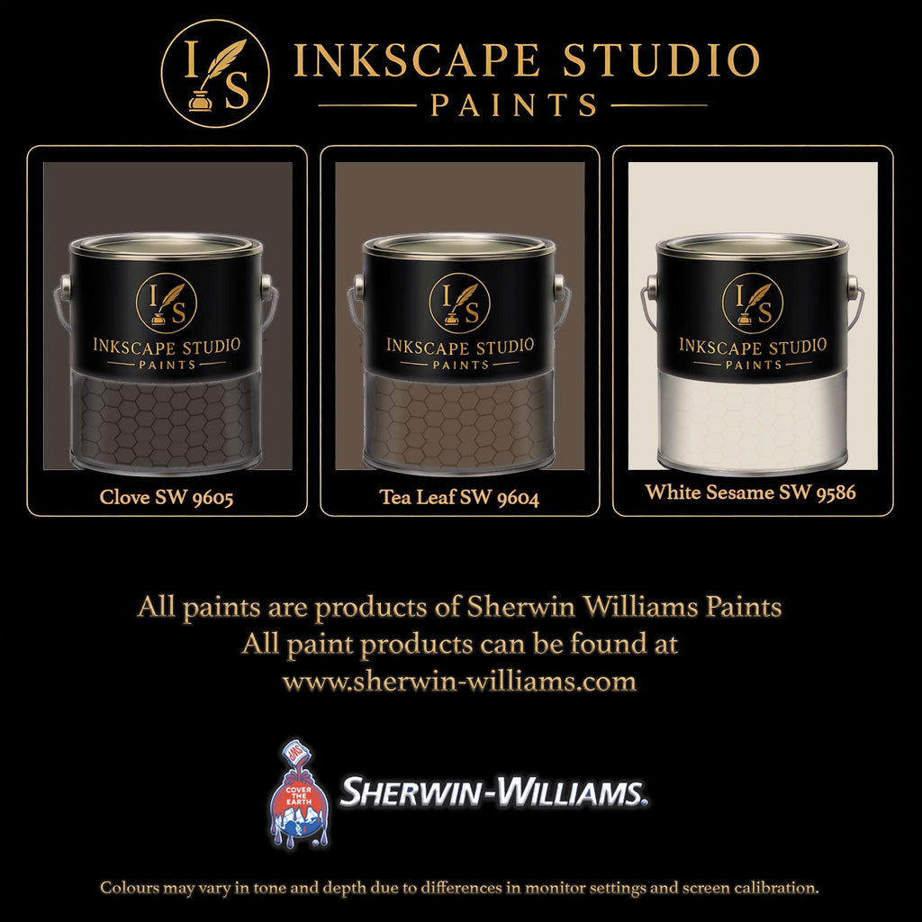 The image is an advertisement for Sherwin Williams paints, featuring three different paint colors: Clove SW 9605, Tea Leaf SW 9604, and White Sesame SW 9556. The text highlights that all paints are products of Sherwin Williams Paints, and the website www.herwin-williams.com is provided for purchasing. The image also mentions that the colors may vary in tone and depth due to differences in monitor settings and screen calibration.
