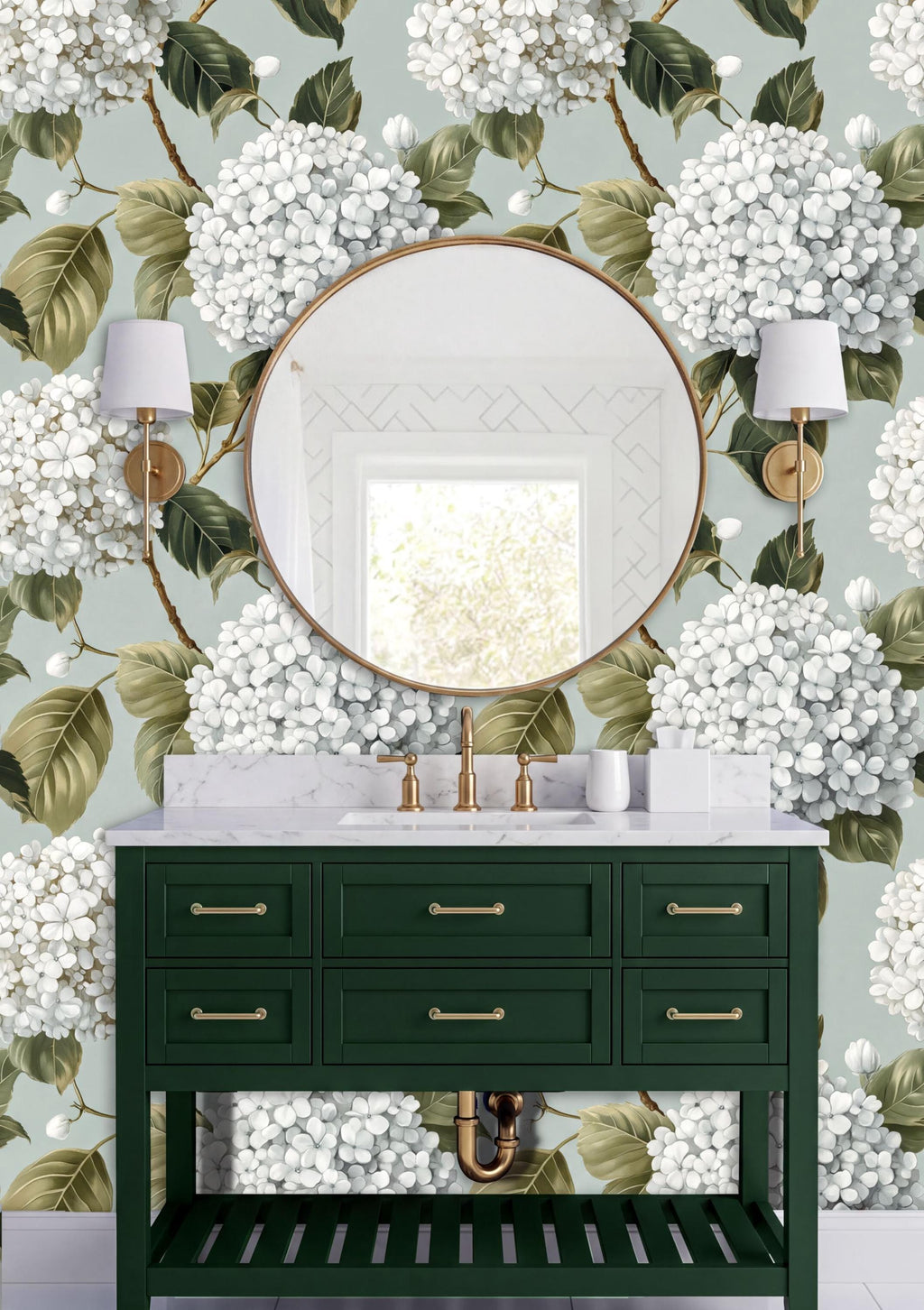 a bathroom vanity with a green cabinet and a round mirror above it, set against a wall with a floral wallpaper pattern.