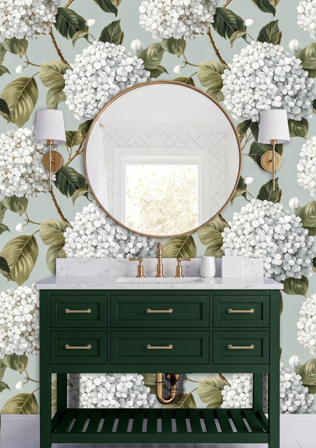 a bathroom vanity with a green cabinet and a round mirror above it, set against a wall with a floral wallpaper pattern.