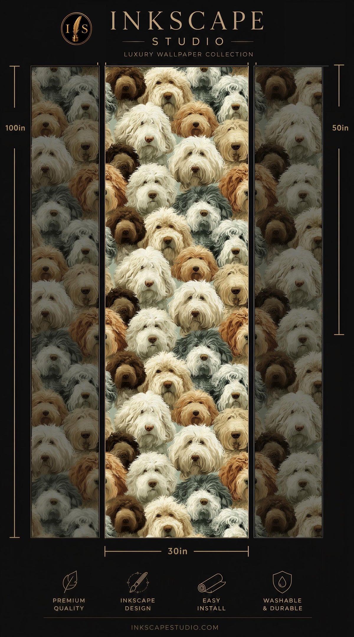 The image is a collage of multiple images featuring a large number of dogs of various breeds and colors. The collage is presented in a vertical format, with each dog's face and body visible in different shades of brown, white, and black. The collage is described as a luxury wallpaper collection, and it is 30 inches wide. The collage is easy to install and washable, and it is available at Inkscape Studio.
