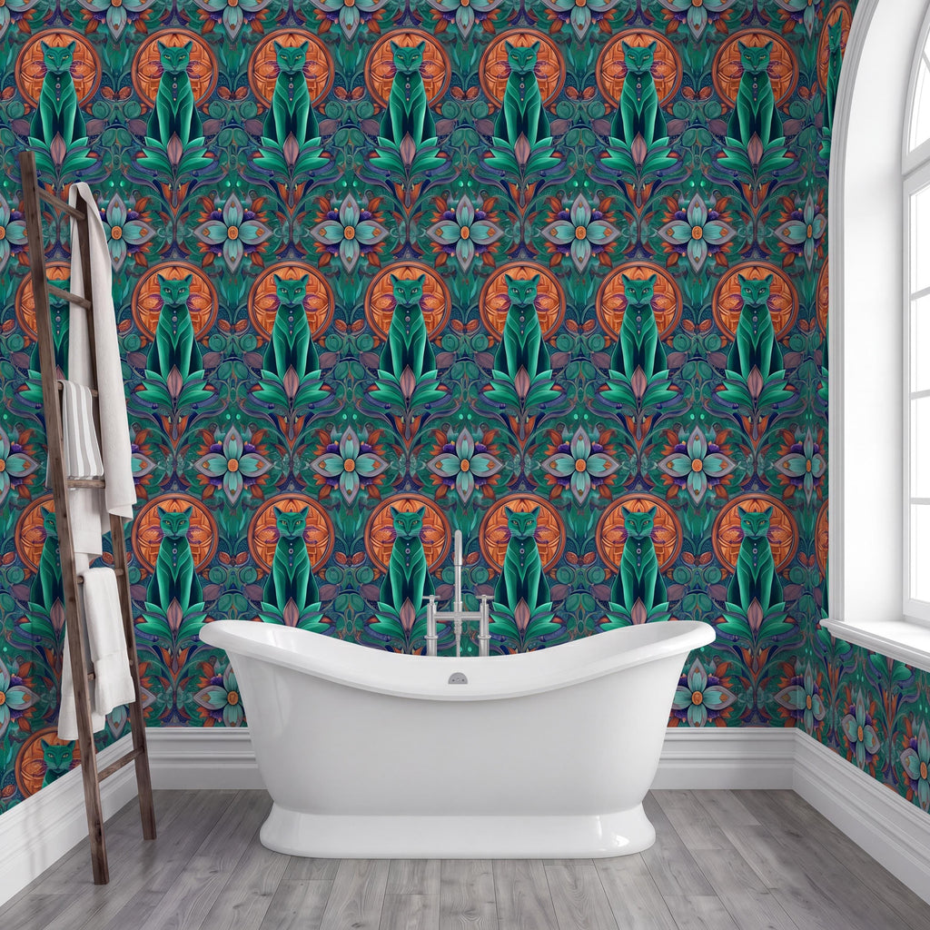 a bathroom with a white freestanding bathtub in the center, surrounded by a vibrant, colorful wall with a repeating pattern of cats and flowers.