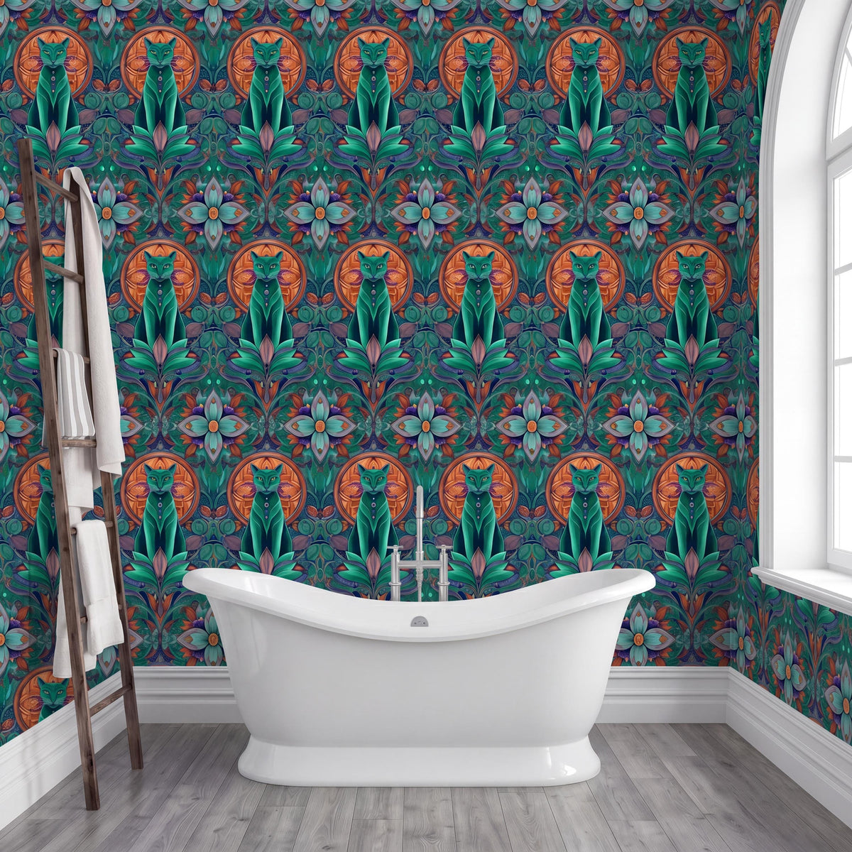 a bathroom with a white freestanding bathtub in the center, surrounded by a vibrant, colorful wall with a repeating pattern of cats and flowers.