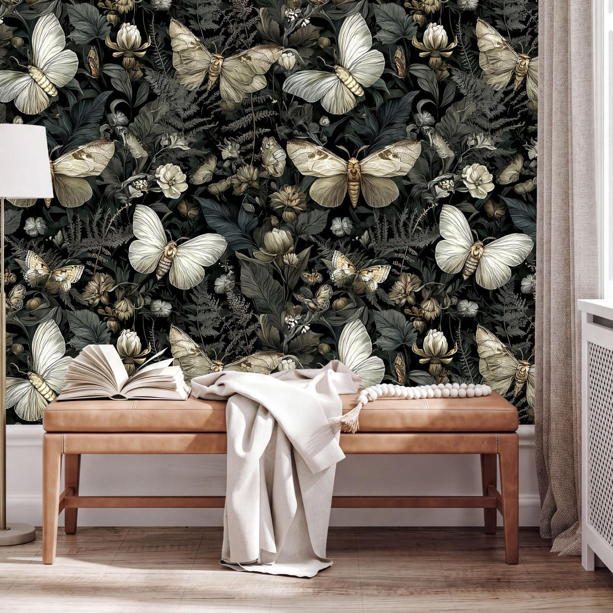 a wallpapered wall with a large number of butterflies and flowers, creating a lush and vibrant scene. In the foreground, there is a wooden bench with an open book and a white blanket draped over it.