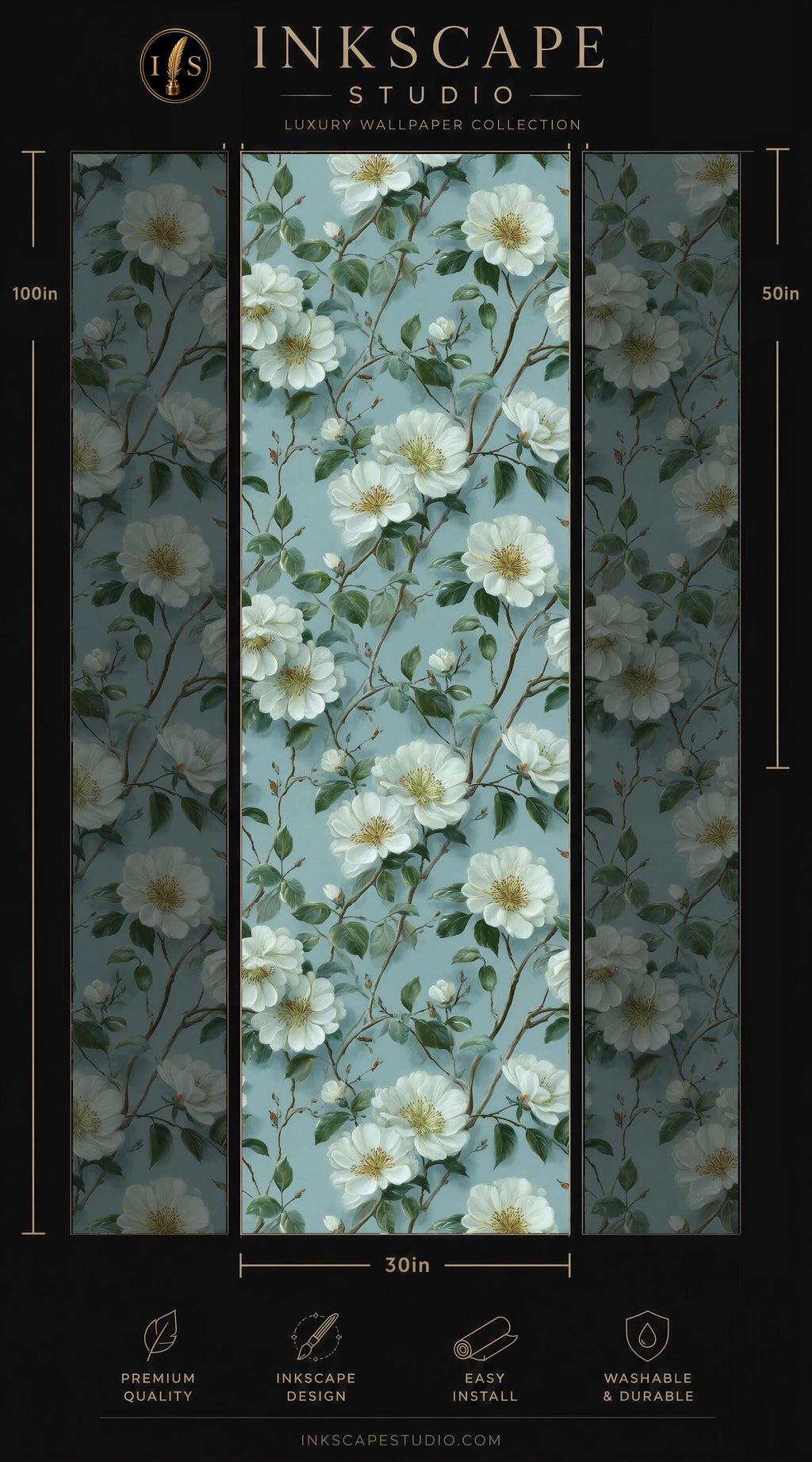 The image is a collage of three images, each depicting a floral pattern with white flowers and green leaves. The images are arranged in a vertical format, with the tallest image on the left and the shortest on the right. The collage is titled "INScape Studio" and includes various descriptive text elements such as "Premium quality", "Easy to install", and "Washable & durable".