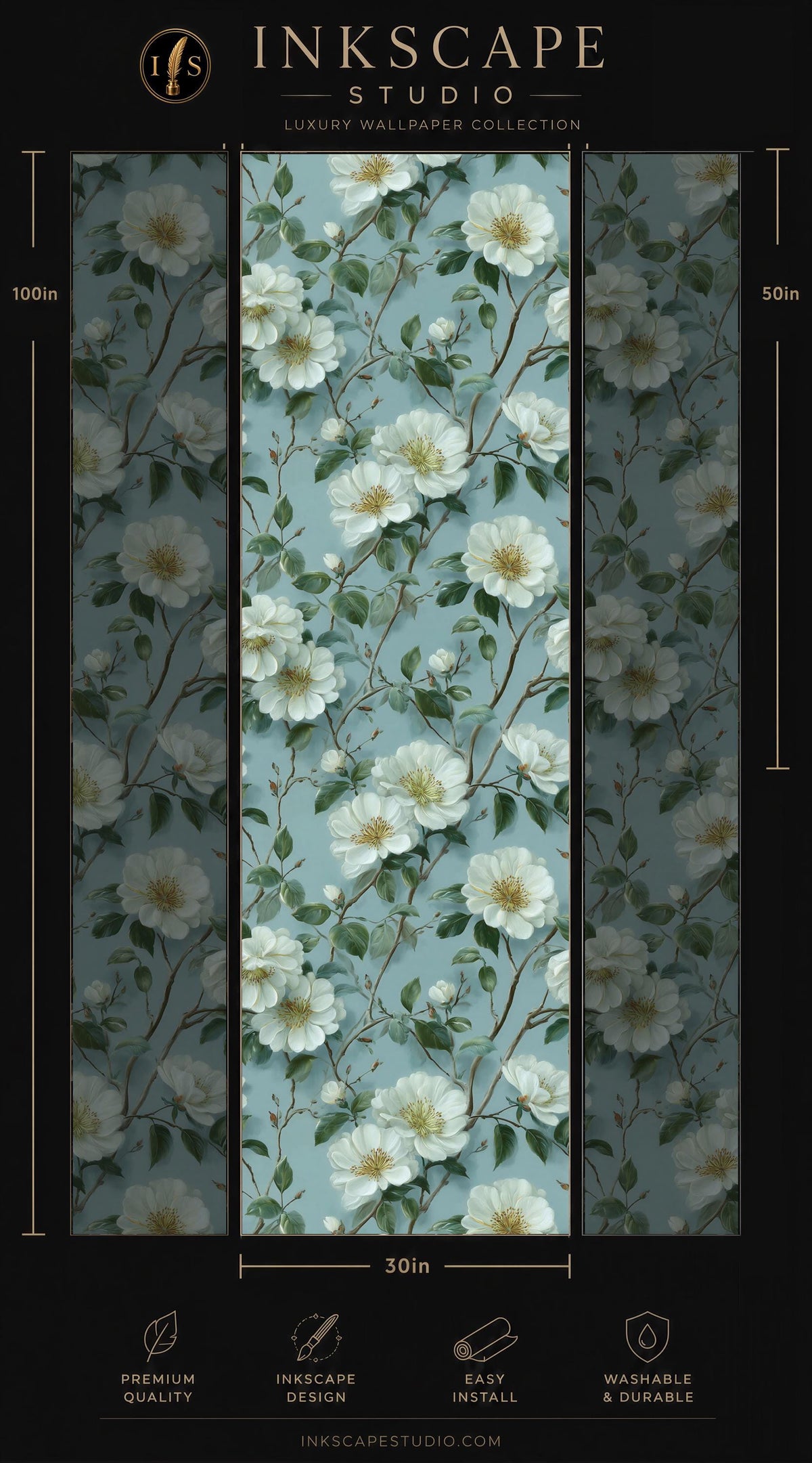 The image is a collage of three images, each depicting a floral pattern with white flowers and green leaves. The images are arranged in a vertical format, with the tallest image on the left and the shortest on the right. The collage is titled "INScape Studio" and includes various descriptive text elements such as "Premium quality", "Easy to install", and "Washable & durable".