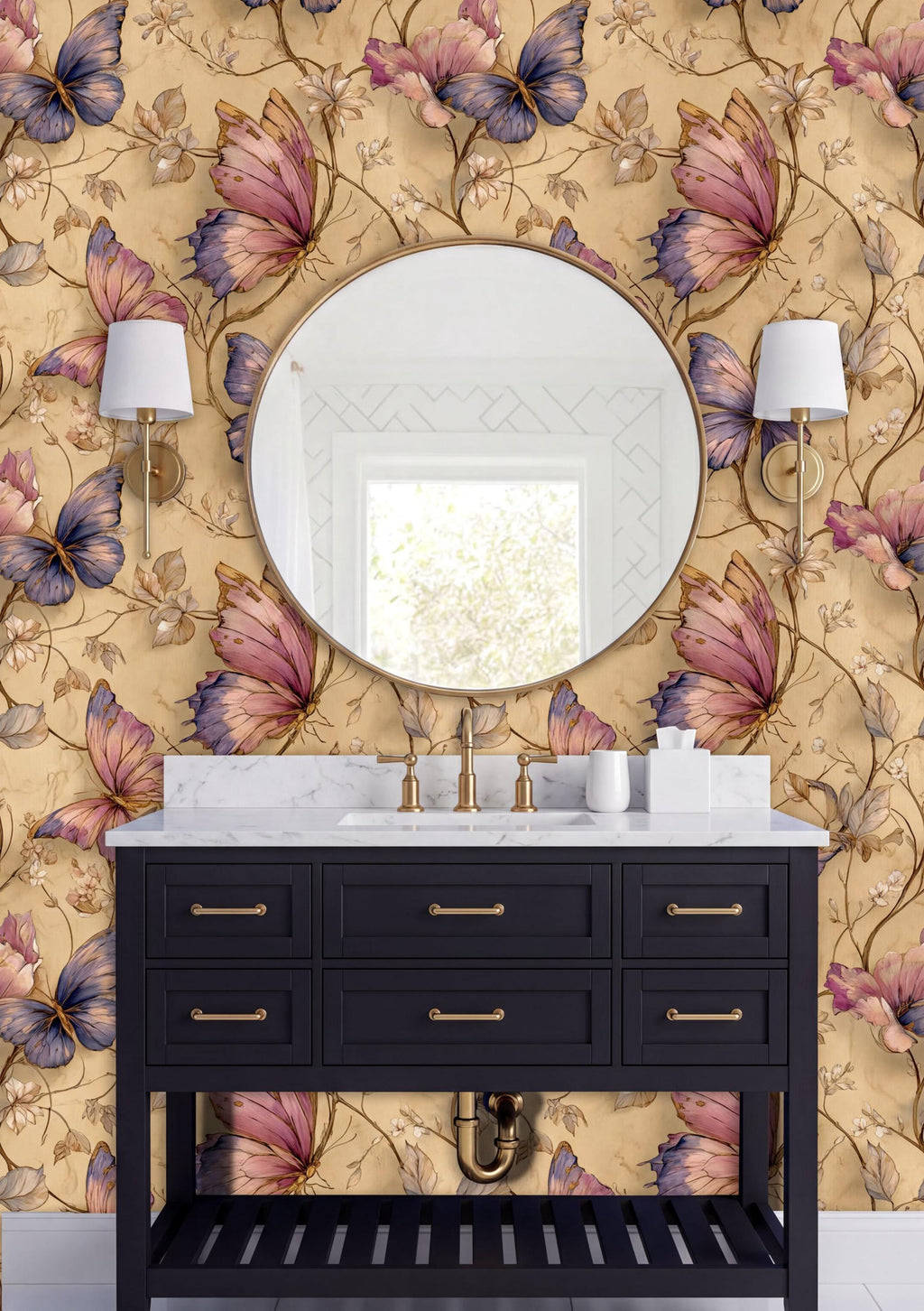 a bathroom vanity with a black countertop and a round mirror above it. The wall behind the vanity is covered in a floral wallpaper with pink and purple butterflies. There are two wall sconces on either side of the mirror, and the overall color scheme of the bathroom is predominantly black and gold.