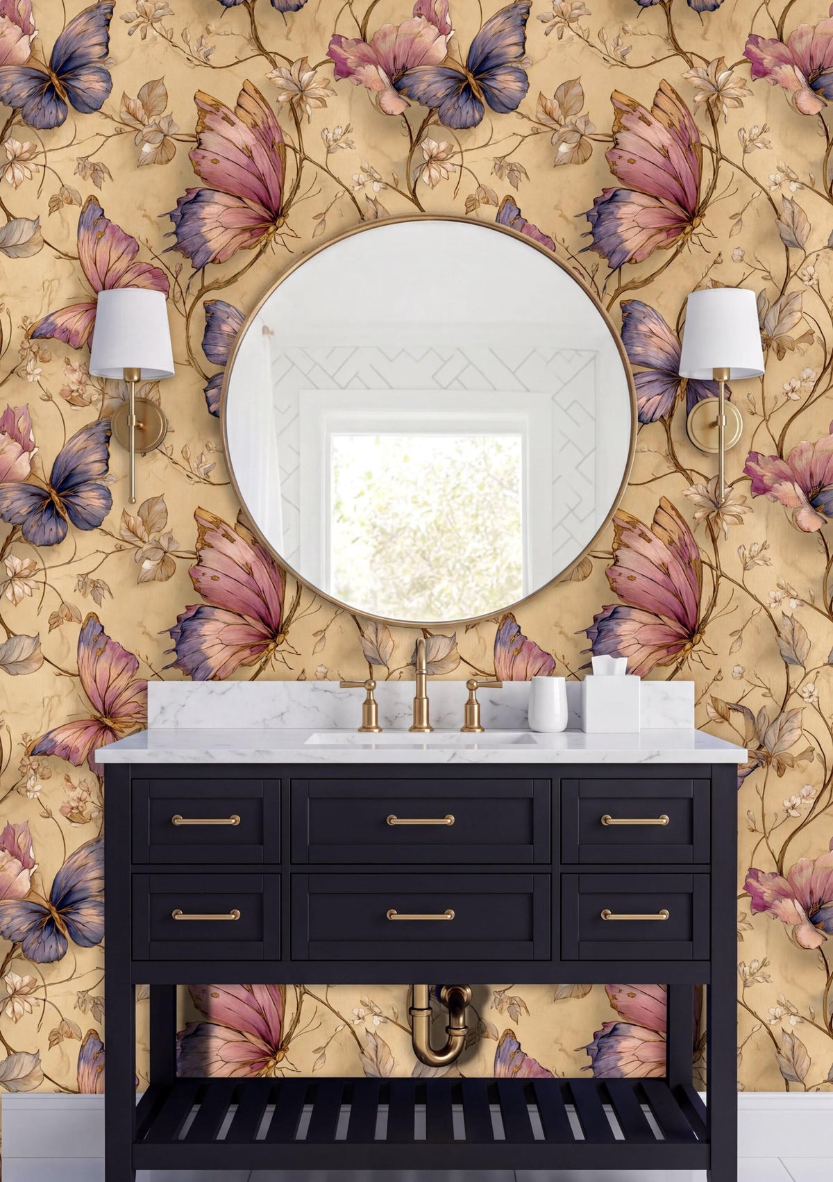 a bathroom vanity with a black countertop and a round mirror above it. The wall behind the vanity is covered in a floral wallpaper with pink and purple butterflies. There are two wall sconces on either side of the mirror, and the overall color scheme of the bathroom is predominantly black and gold.
