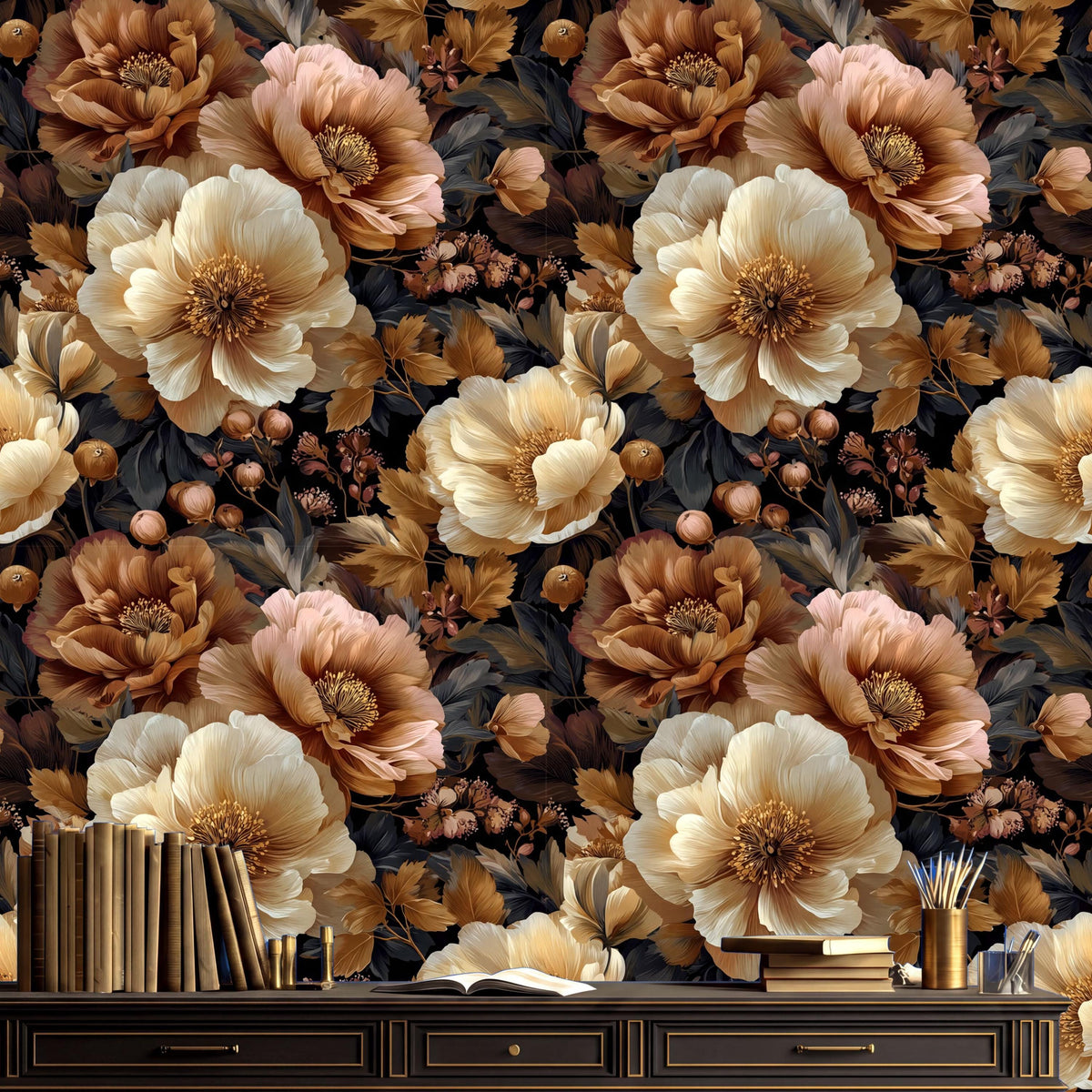 a large floral wallpaper with a dark background, adorned with large, vibrant flowers in shades of brown and beige. In the foreground, there is a wooden dresser with a collection of books and a vase of flowers.