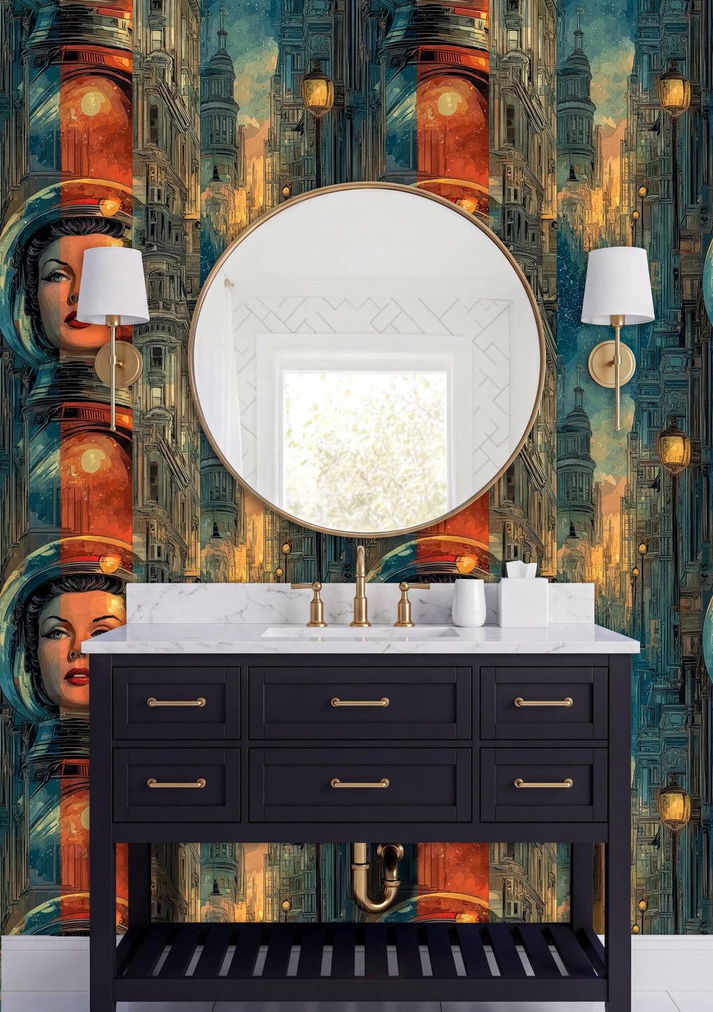 a bathroom with a black vanity and a round mirror above it. The wall behind the vanity has a colorful, abstract wallpaper with a cityscape design.