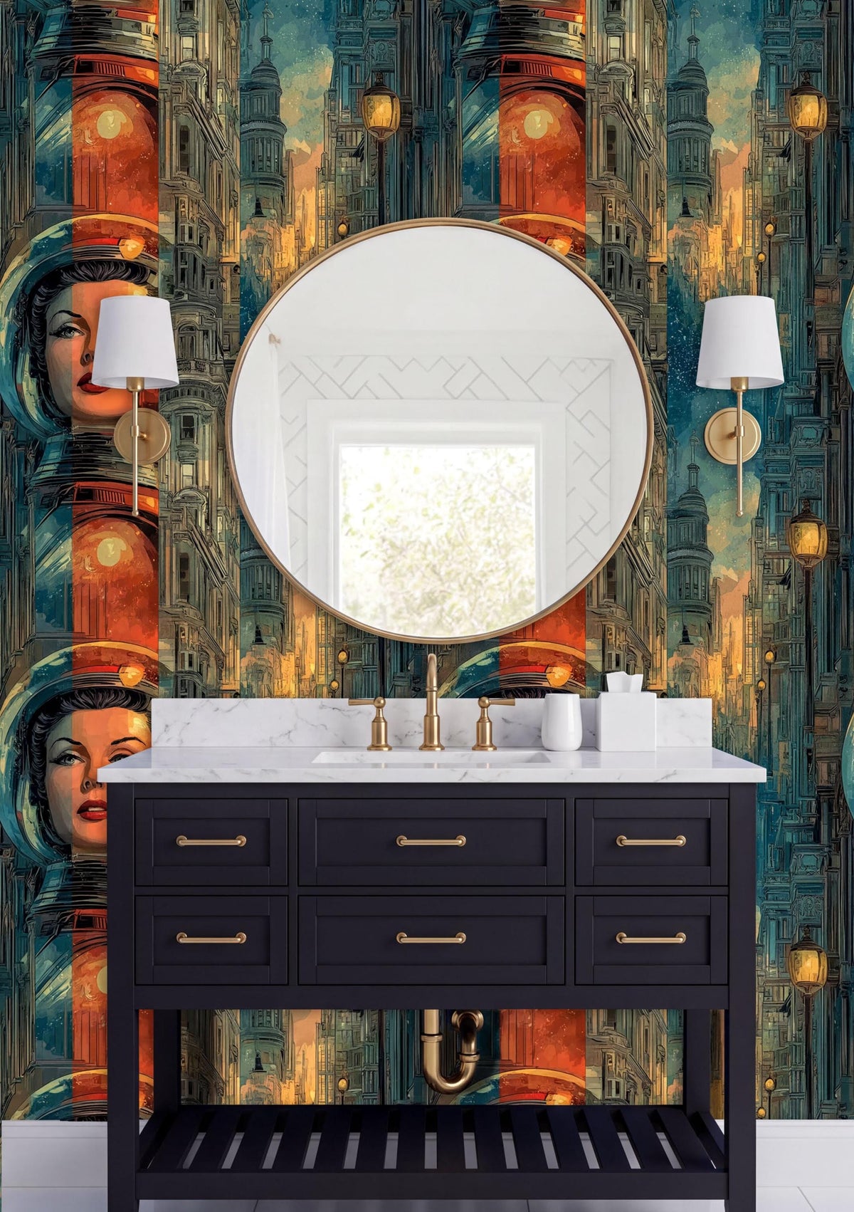 a bathroom with a black vanity and a round mirror above it. The wall behind the vanity has a colorful, abstract wallpaper with a cityscape design.