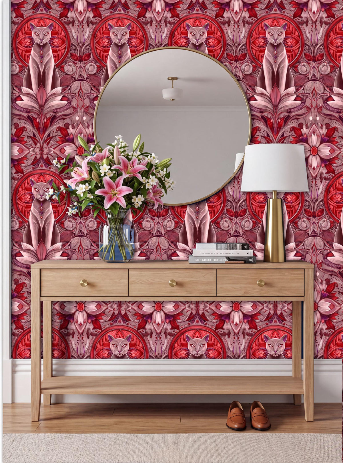 a wooden console table with a round mirror above it, set against a vibrant red and pink patterned wallpaper. The table has a vase of flowers and a lamp on it, creating a cozy and inviting atmosphere.