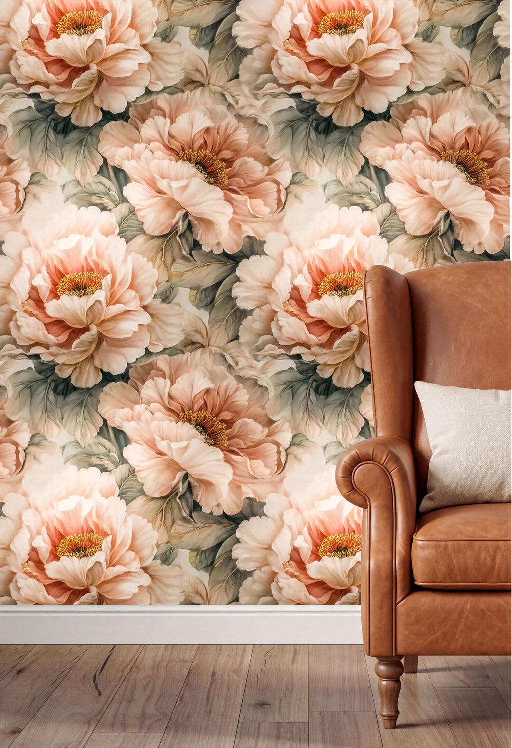 a wallpapered wall with a floral pattern of large, vibrant peach-colored flowers. In the foreground, there is a brown leather armchair with a white pillow on it.