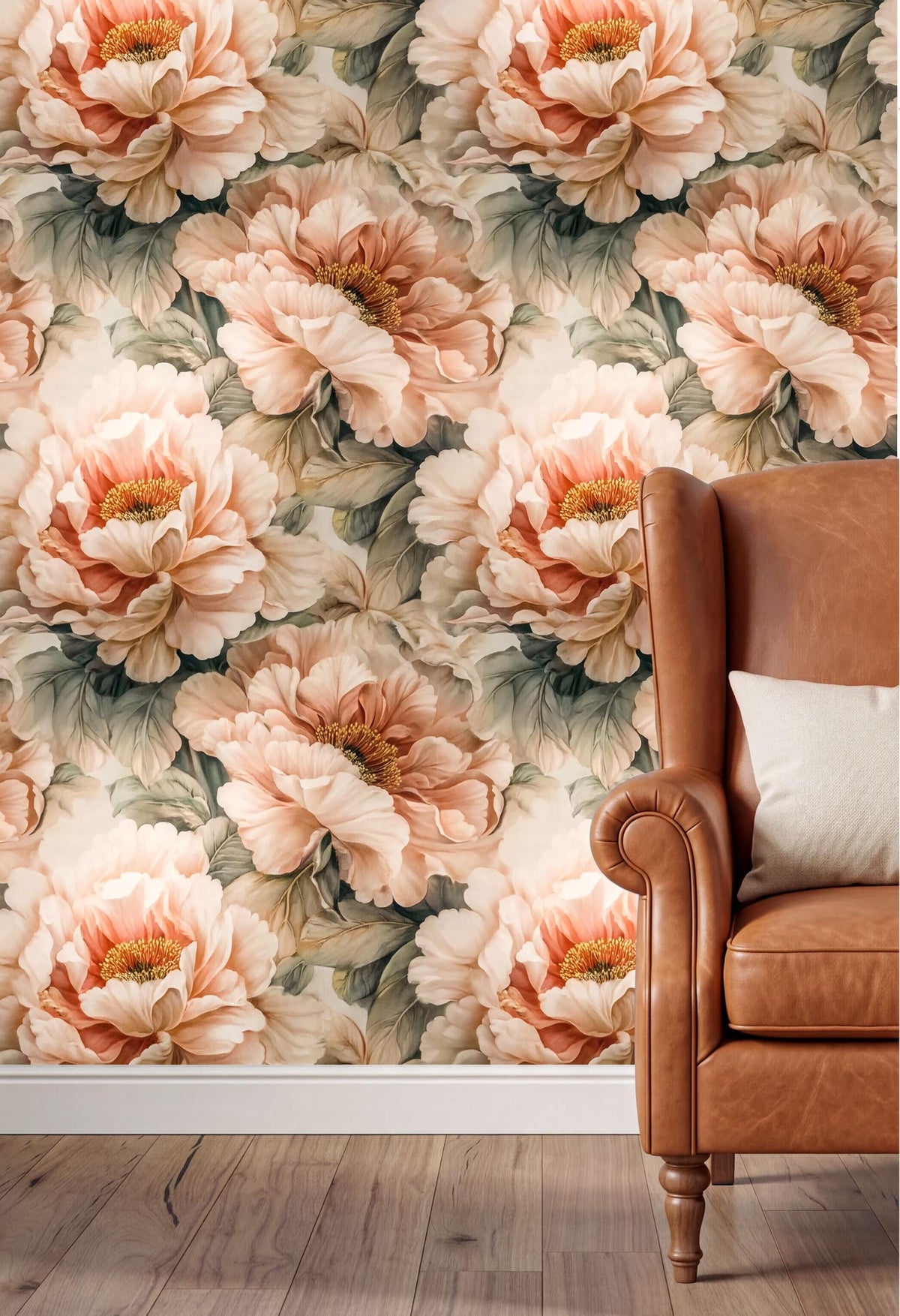 a wallpapered wall with a floral pattern of large, vibrant peach-colored flowers. In the foreground, there is a brown leather armchair with a white pillow on it.