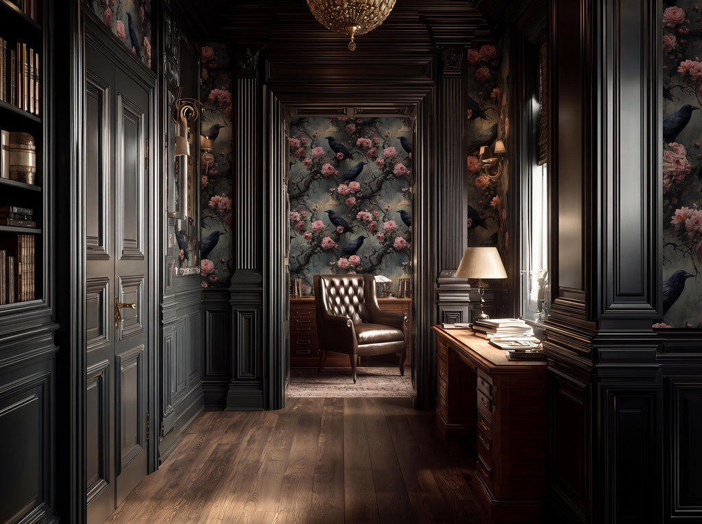 a luxurious and ornate room with dark wood paneling, a chandelier, and a floral wallpaper. The room features a desk with a lamp, a chair, and a bookshelf filled with books.