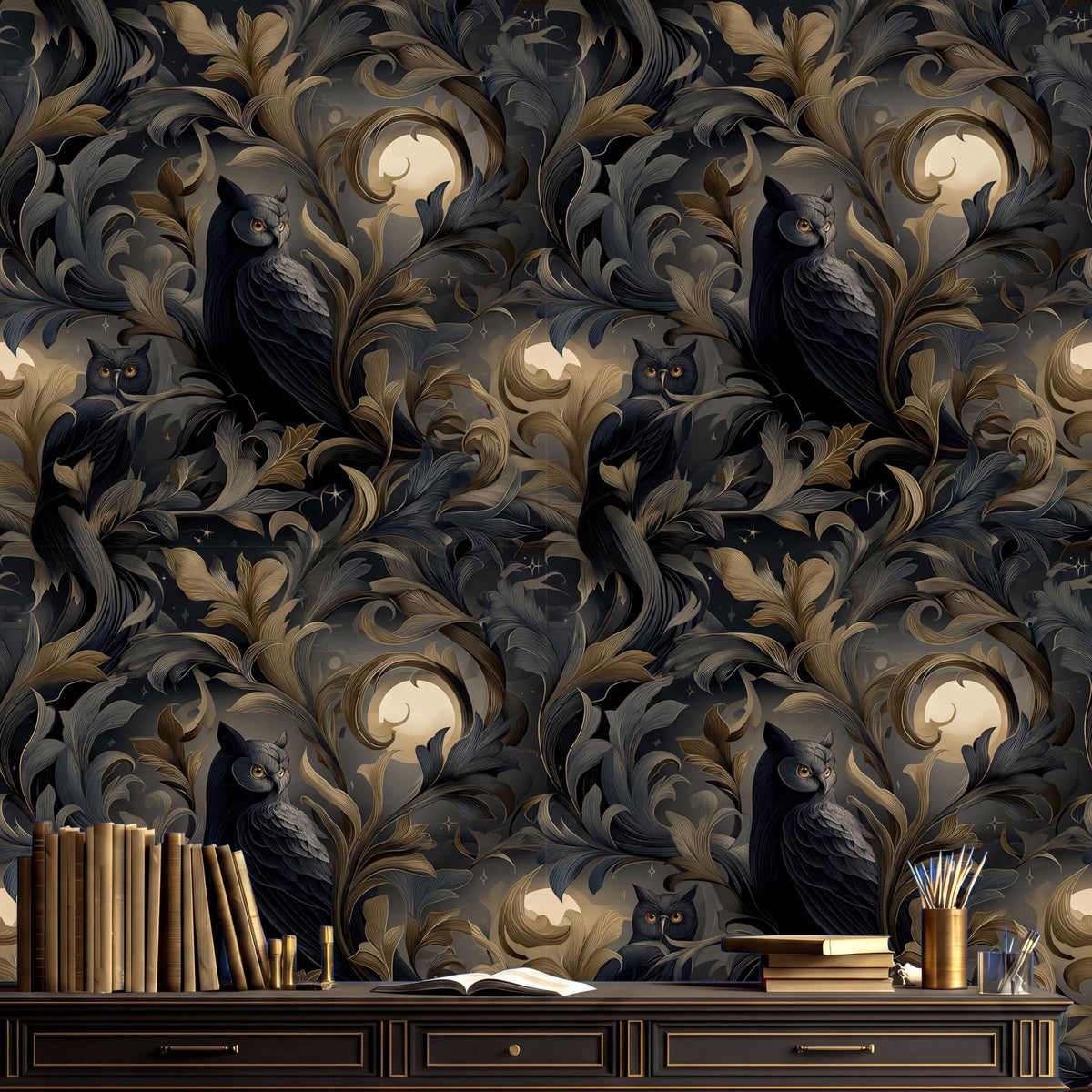 a dark, ornate wallpaper with a repeating pattern of owls and leaves. The owls are depicted in various poses, creating a dynamic and intricate design. The wallpaper is set against a dark background, which contrasts with the lighter tones of the owls and leaves. The overall composition of the image is visually striking and captivating.