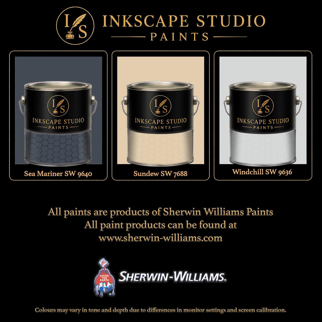 The image is an advertisement for Sherwin Williams paints, featuring three different paint color samples from the Inkscape Studio.