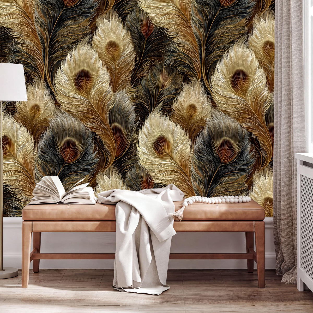 a wooden bench with an open book on it, placed in front of a wall with a vibrant, colorful wallpaper pattern of peacock feathers.