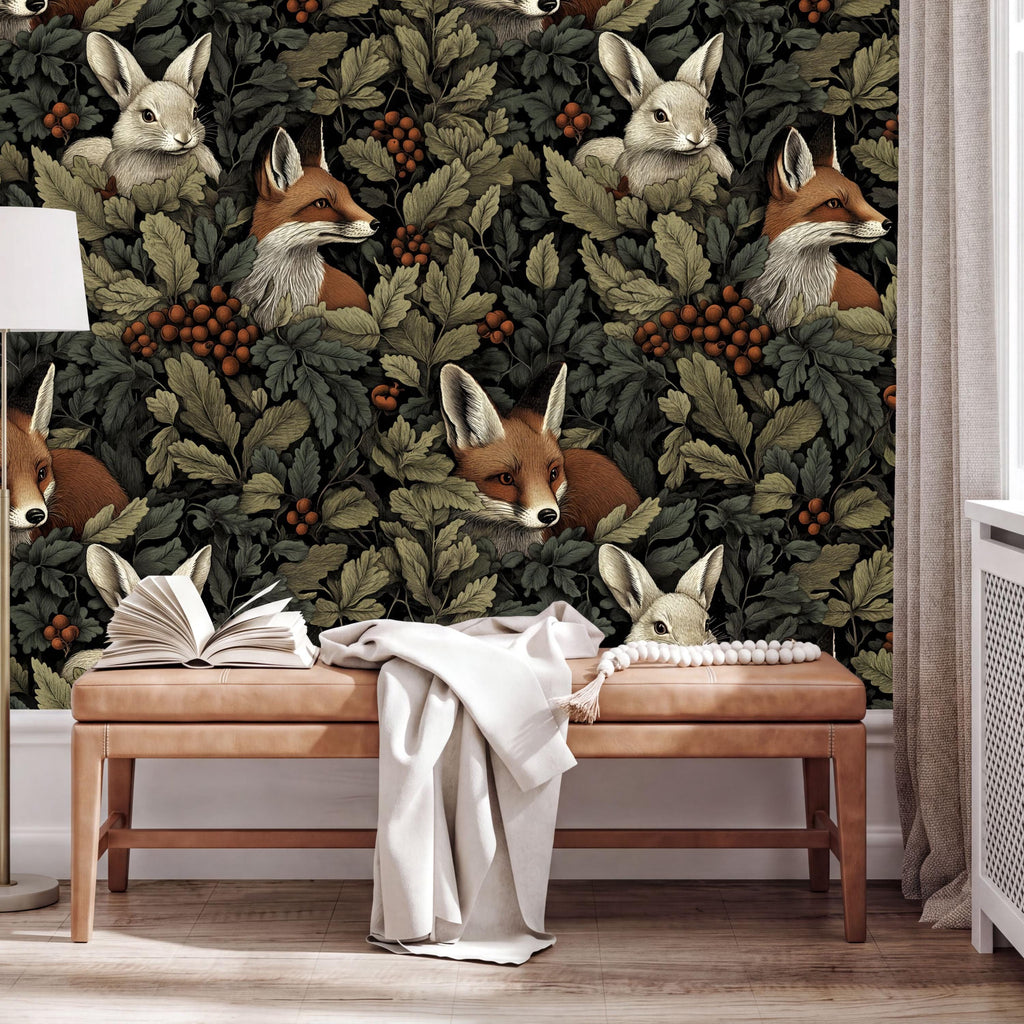 a wallpapered wall with a repeating pattern of foxes and rabbits, creating a forest-like atmosphere. In the foreground, there is a wooden bench with an open book and a white blanket draped over it.