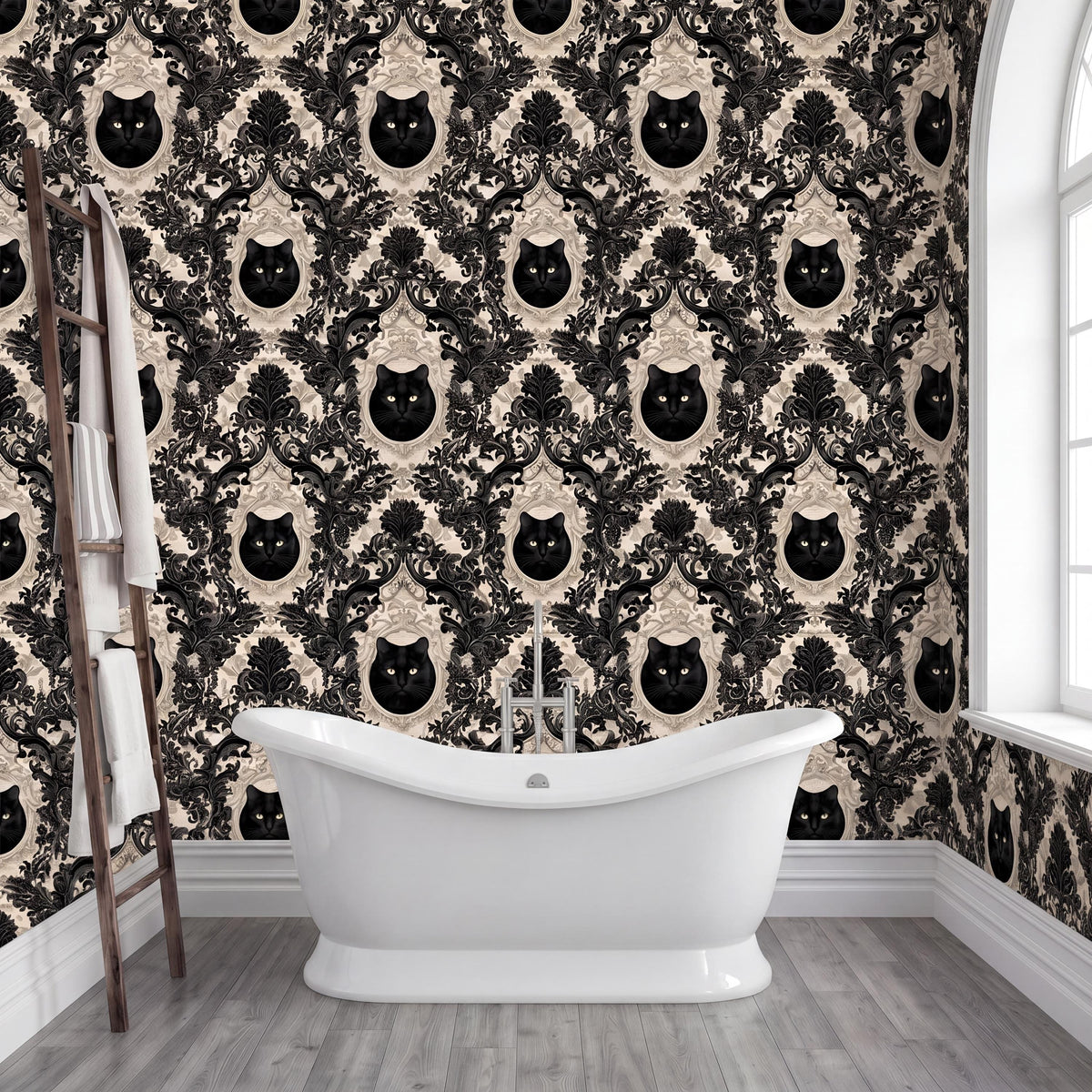 a bathroom with a white freestanding bathtub in the center, surrounded by a black and white damask wallpaper with a repeating pattern of black cat faces. A wooden ladder is leaning against the wall next to the bathtub.
